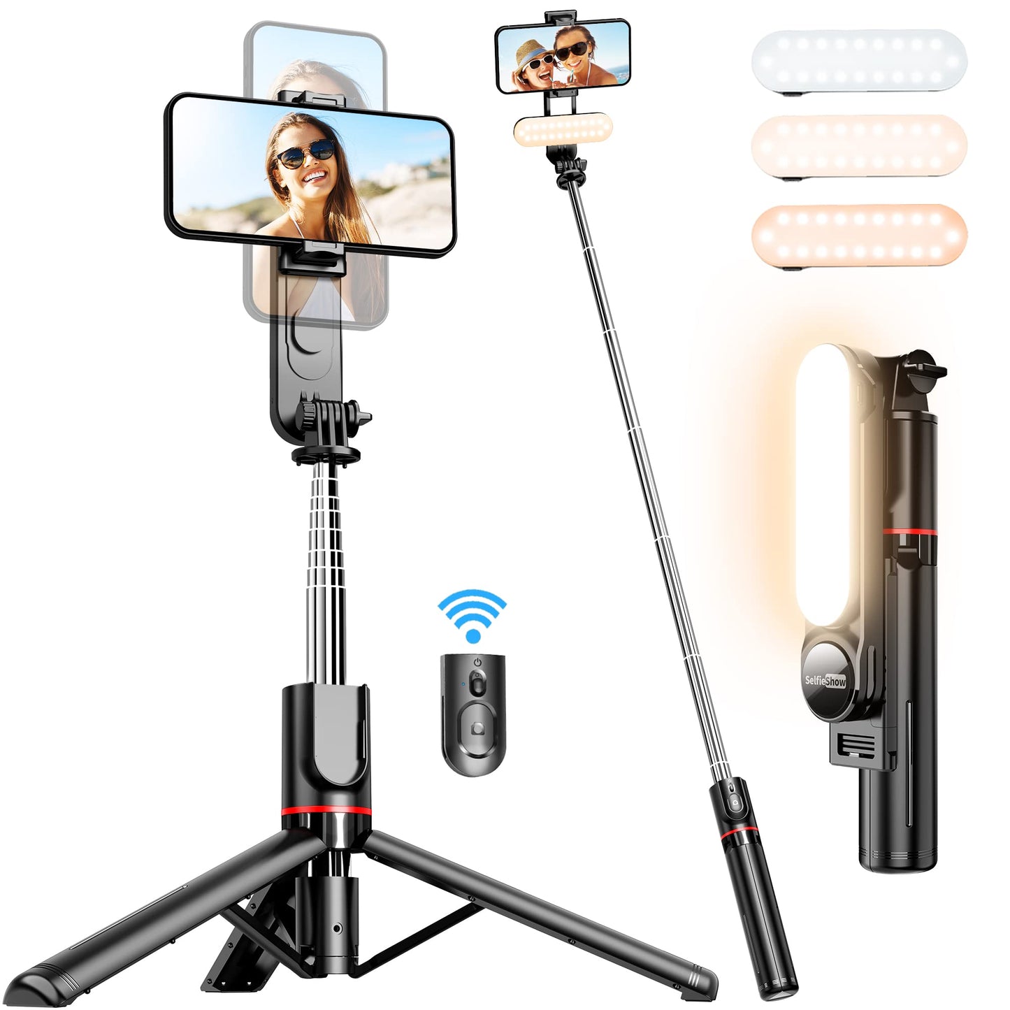 Stable Selfie Stick Tripod with Fill Light, 44 Inch Extendable Selfie Stick with Wireless Remote and Tripod Stand 360 Rotation for iPhone