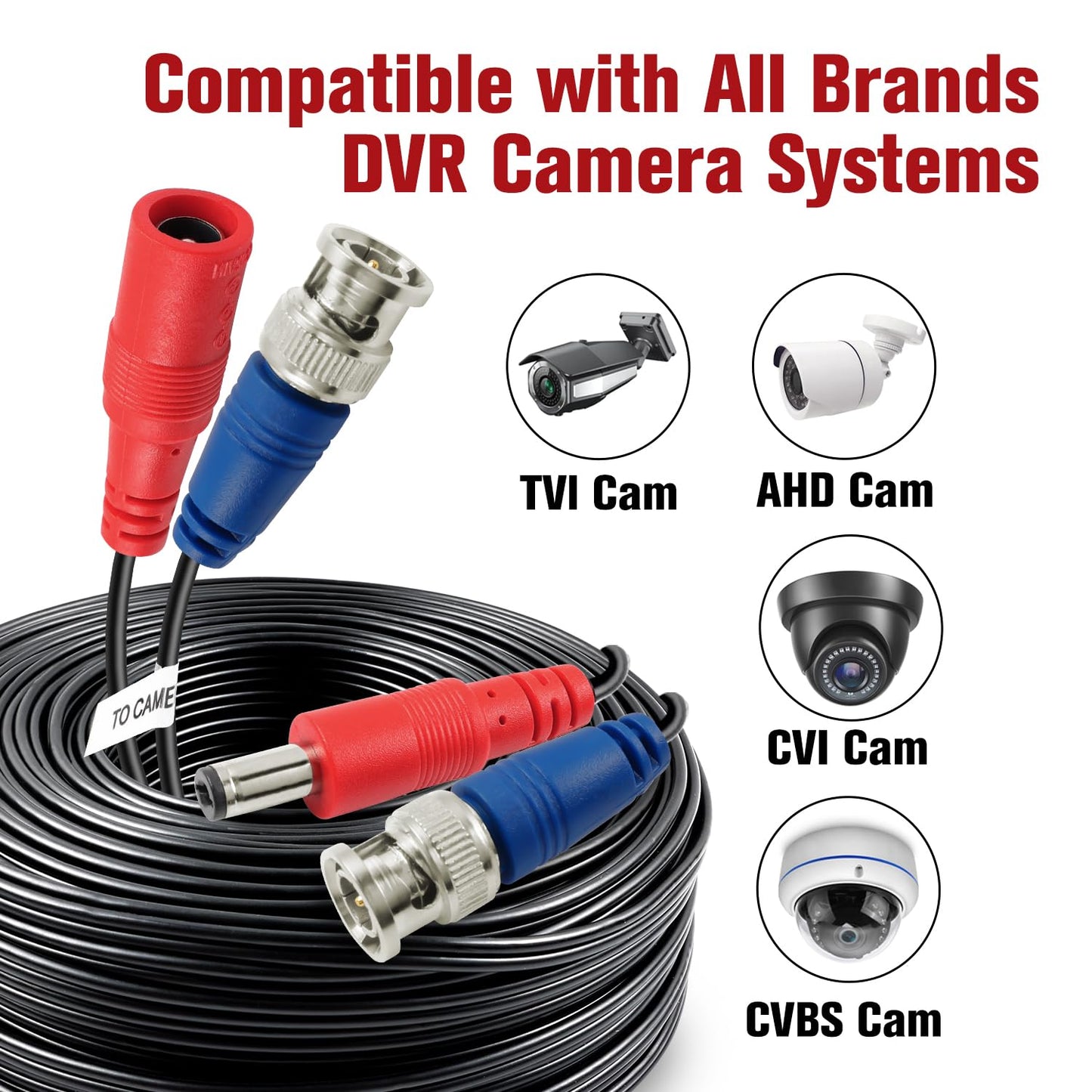 SHD 4Pack 100Feet Video Power Cable - BNC to RCA & BNC Female Connectors for CCTV Security Surveillance System