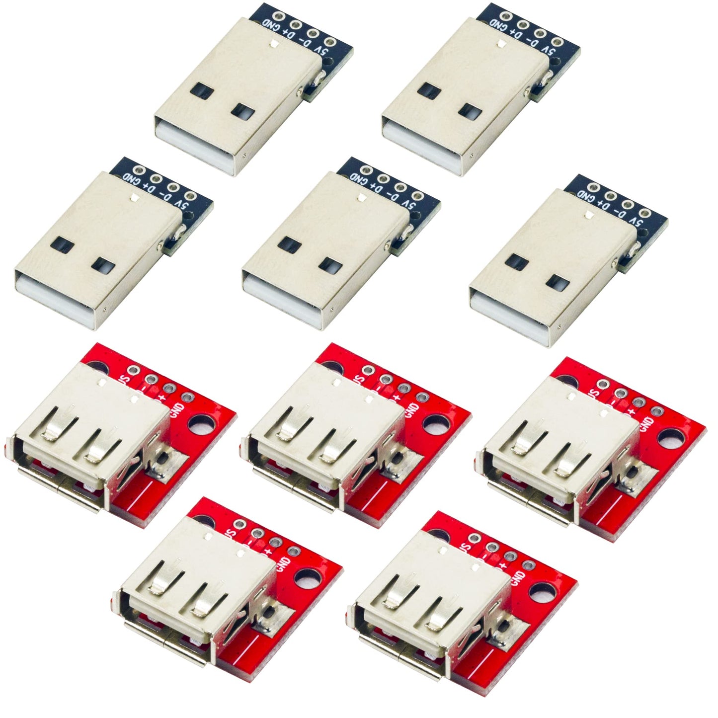 jujinglobal 10pcs USB 2.0 Type A Male and Female Breakout Board 4 pins 2.54mm Output (5pcs Male Port / 5pcs Female Port)
