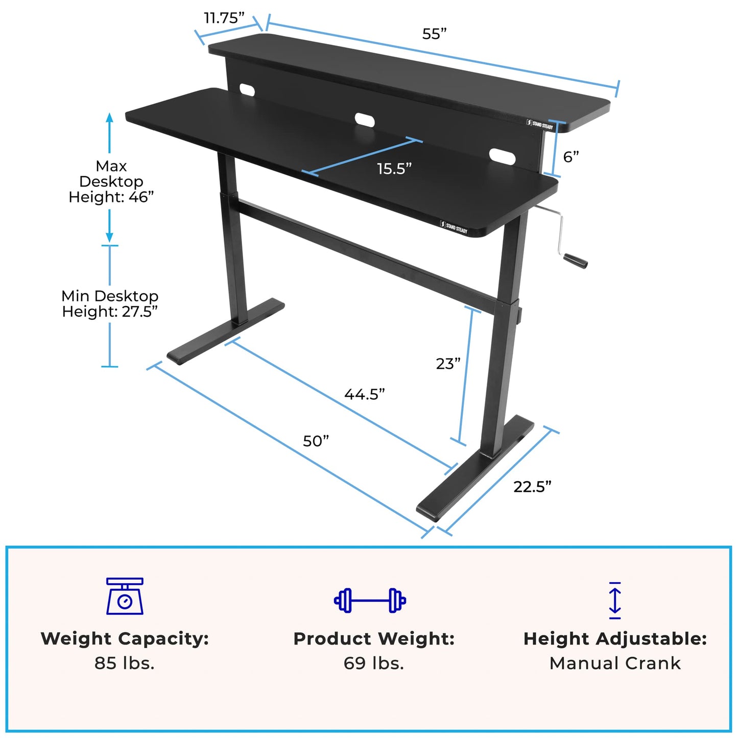 Stand Steady Tranzendesk | 55 Inch Dual Level Standing Desk with Shelf | Easy Crank Height Adjustable Sit to Stand Desk | Stand Up Workstation