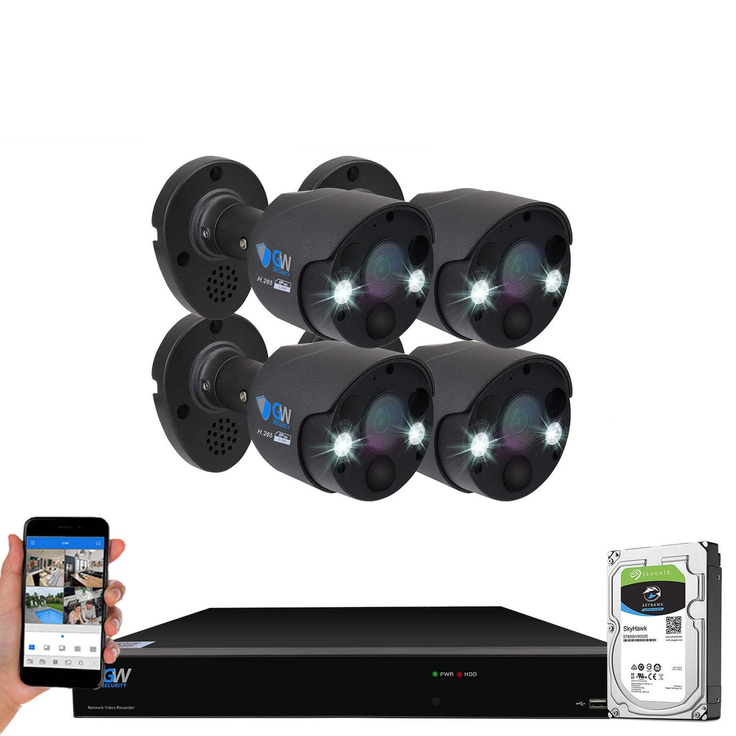GW Security 2-Way Audio Spotlight 5MP Full-time Color Night Vision PoE Security Camera System, 8 Channel 4K NVR with 4 x 5MP 1920p Face Recognition