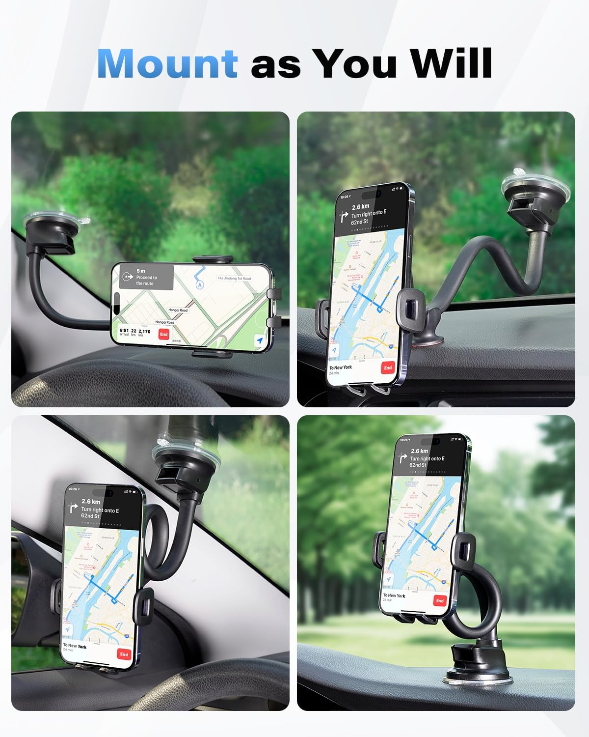 1Zero Solid Car Truck Phone Mount Holder with 14-Inch Gooseneck Long Arm, Windshield Window Mobile Holders w/Industrial-Strength Suction Cup