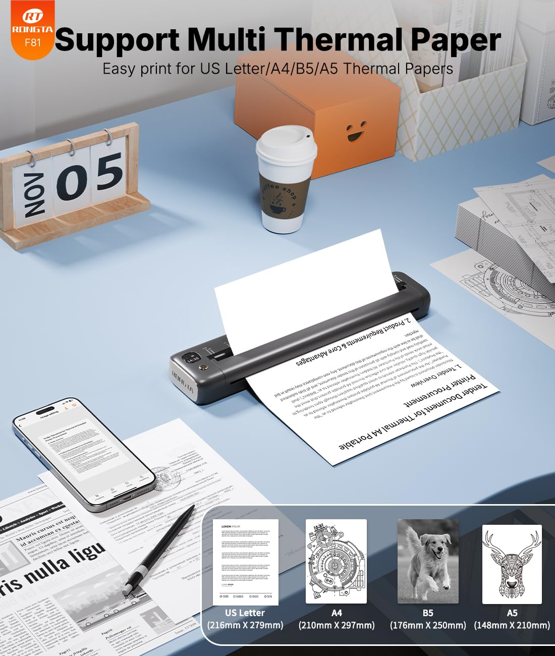 Rongta Portable Printer Wireless for Travel, Bluetooth Inkless Thermal Printers for 8.5" x 11" US Letter & A4 Size, Compatible with Android iOS Phone
