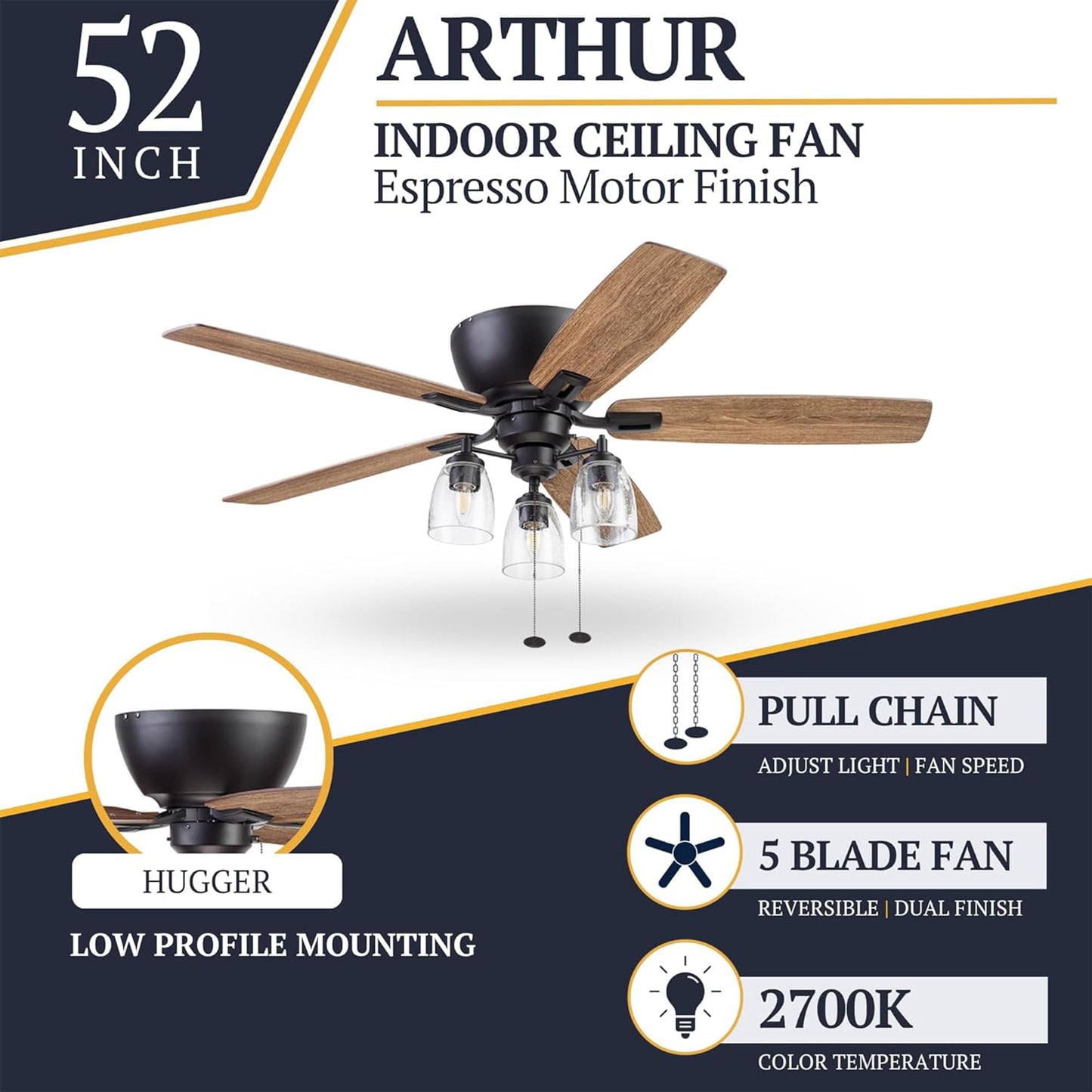 Prominence Home Arthur, 52 inch Industrial Farmhouse Flush Mount LED Ceiling Fan with Light, Pull Chain, Three Mounting Options, Dual Finish Blades