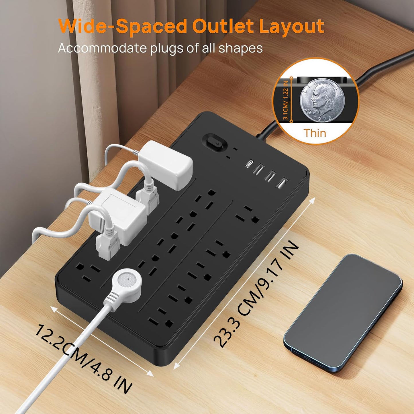 5 FT Flat Plug Surge Protector Power Strip,15 Multiple AC Outlets with 4 USB Ports (1 USB C), 5 Feet Extension Cord, 1625W/13A, One Touch Switch