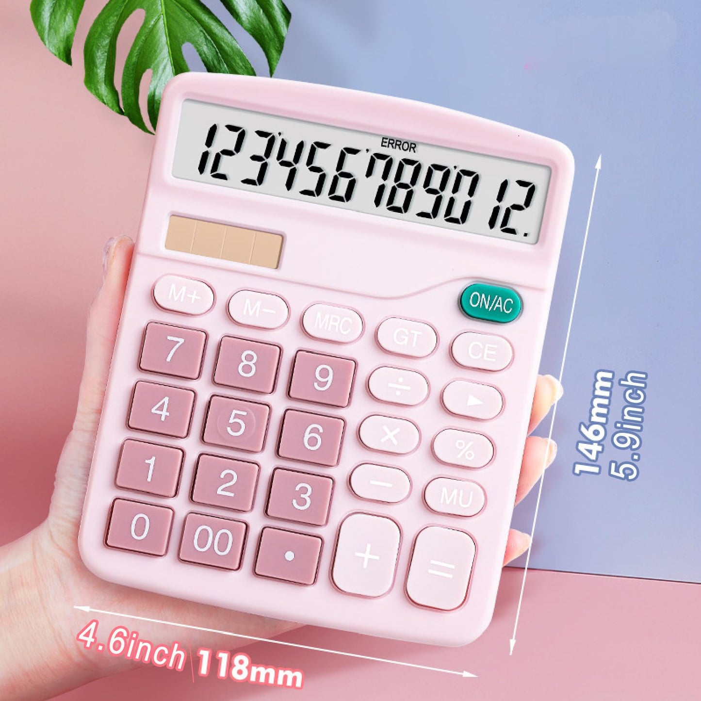 YOUHO Pink Office Desk Calculator, 12-bit Solar Battery Dual Power Standard Function Electronic Calculator with Large LCD Display (1PACK?Pink)