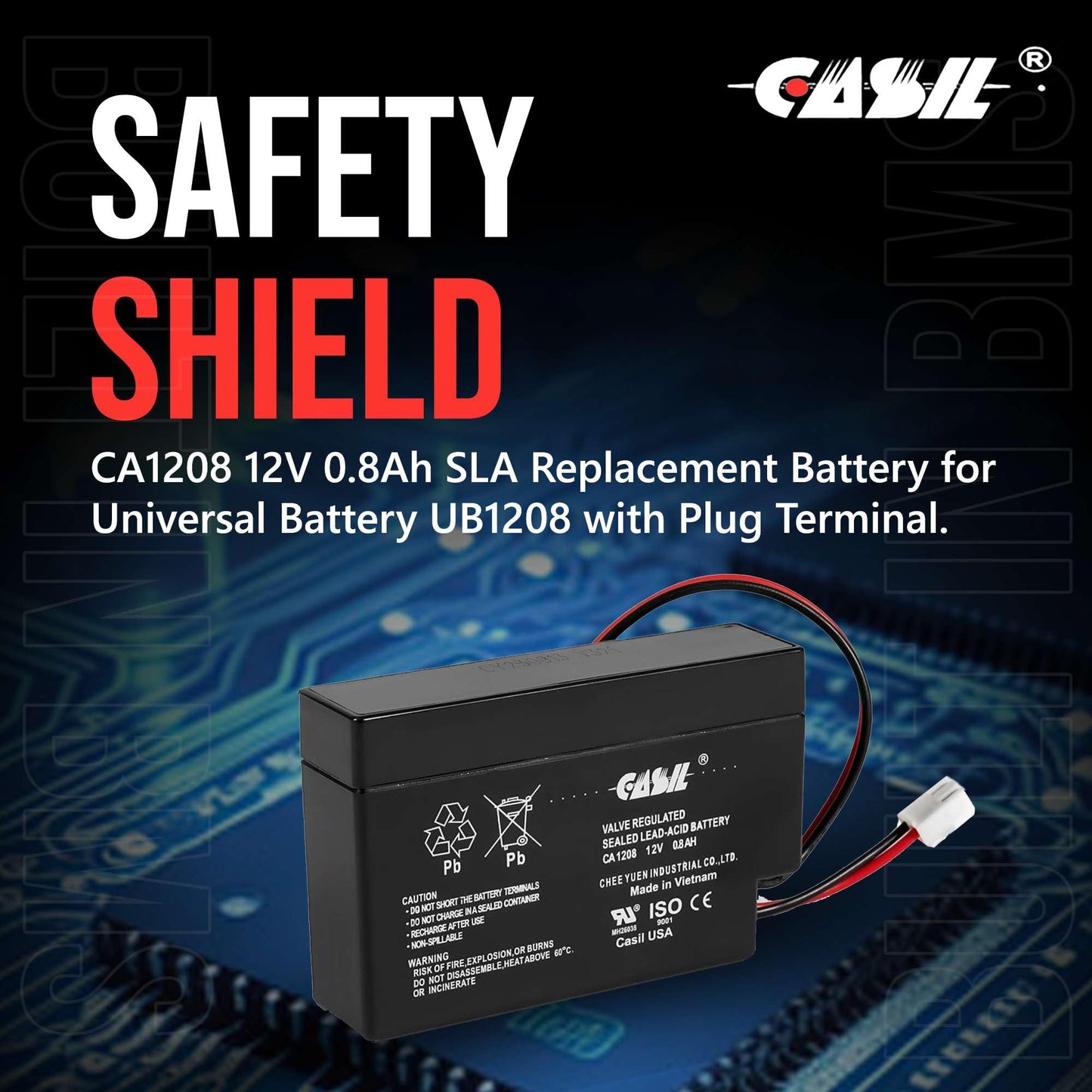 Casil 12V 0.8Ah Sealed Lead Acid Rechargeable Replacement Battery CA1208