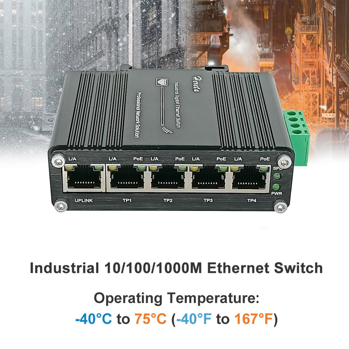 Industrial Gigabit Ethernet PoE+ Switch 5-Port 10/100/1000BASE-T Auto-MDI/MDI-X Half/Full Duplex Compact 30W PoE+ Ethernet Switch 12~48VDC Wide Range