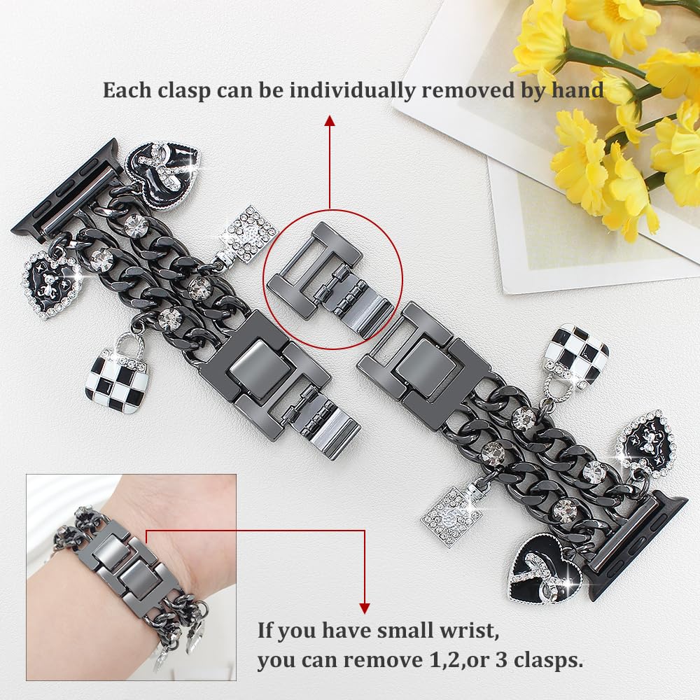 YONWORTH Cuban Chain Band Compatible with Apple Watch Bands 38/40/41mm Women,Bling Diamond Chain Dressy Metal Wristband Cute Charms Pendants