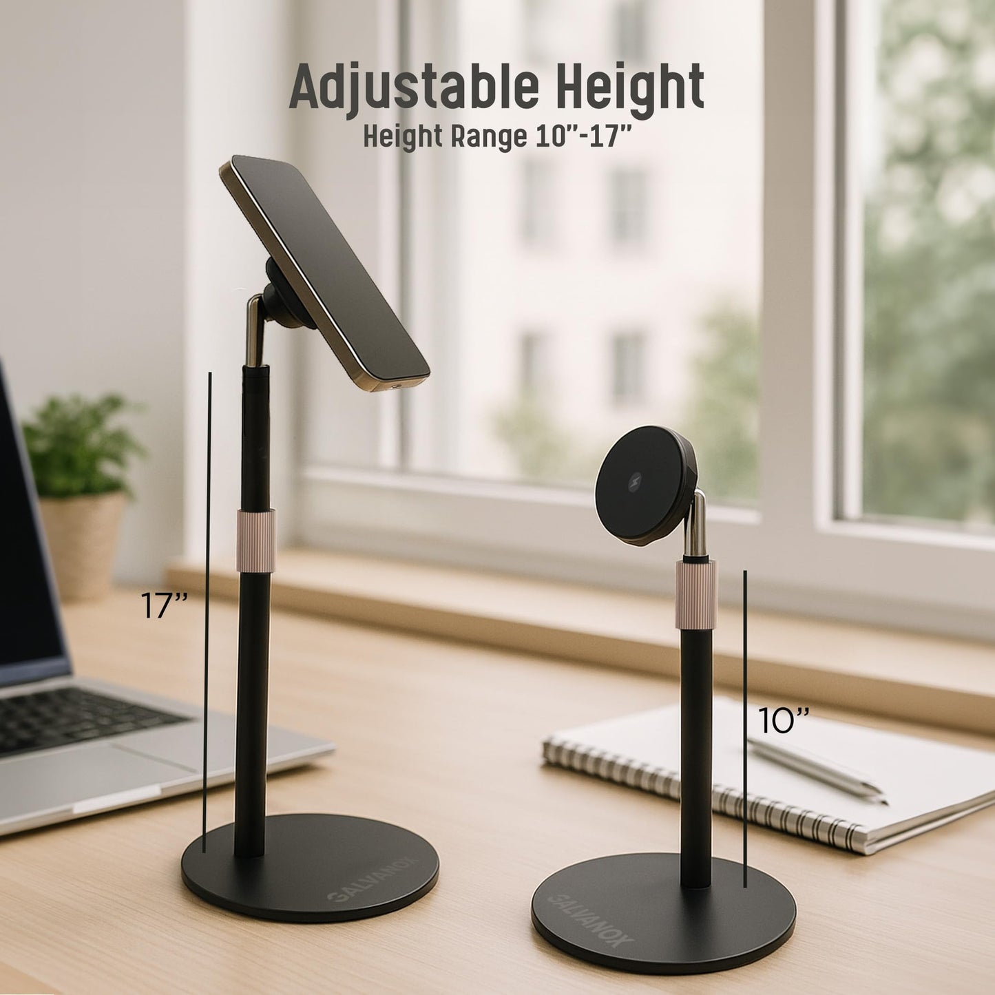 GALVANOX Magnetic Fast-Charging Desk Phone Stand (Adjustable Height) Compatible with MagSafe, Tall Wireless Charger, Heavy Metal Base (15W) Desktop
