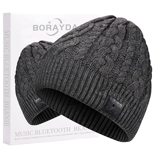 BORAYDA Bluetooth Beanie, Bluetooth 5.2 HD Stereo,30 Hours Play time,Built-in Microphone, Men's/Women's Christmas Electronic Gift (Charcoal)