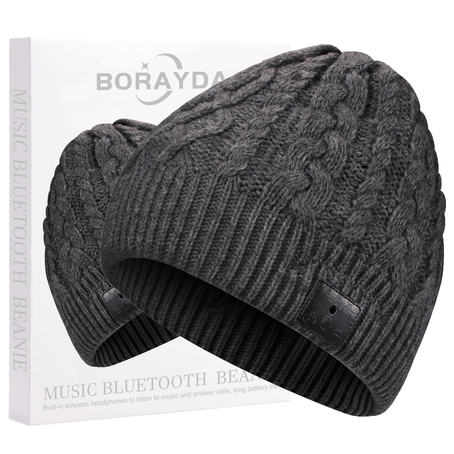 BORAYDA Bluetooth Beanie, Bluetooth 5.2 HD Stereo,30 Hours Play time,Built-in Microphone, Men's/Women's Christmas Electronic Gift (Charcoal)