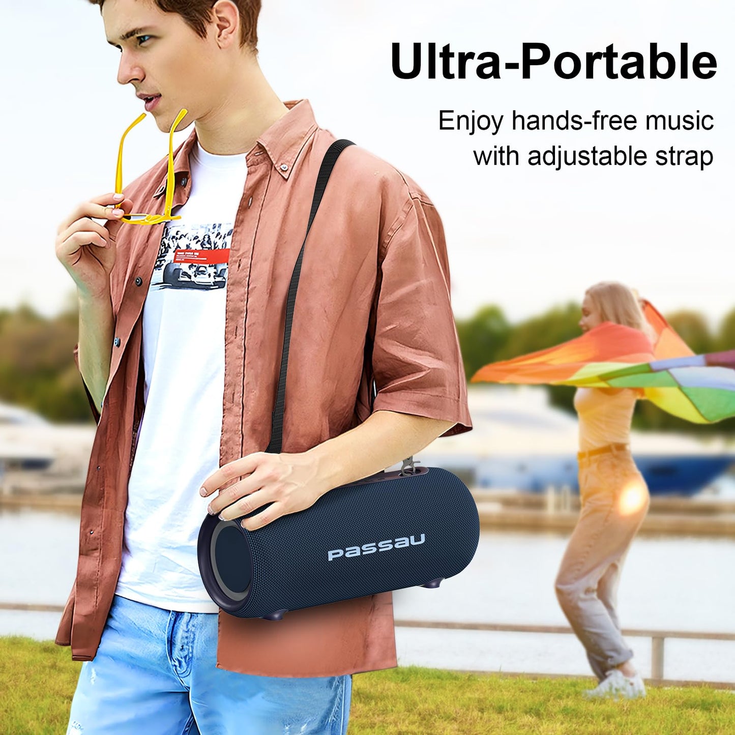 Passau Portable Bluetooth Speakers 40W Peak Loud Stereo Sound, Passive Radiators-Deep Bass, All Day Playtime, Adjustable Strap, BT5.3, IPX5 Wireless