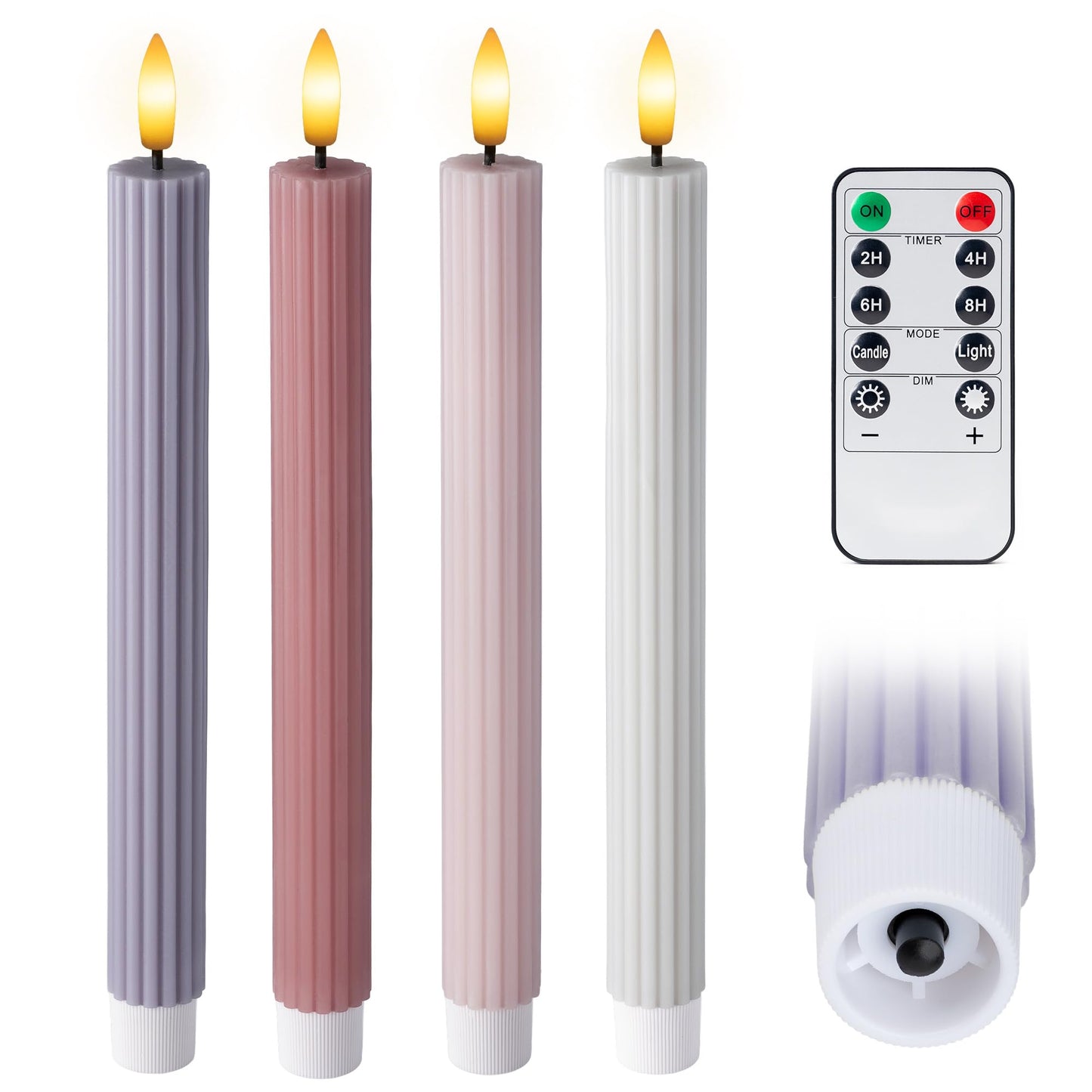 West Ivory Dusty Mauve Coordinated Pinkish Lilac 4 Pack, 10" Real Wax LED Flameless Fluted Ribbed Grooved Taper Candles, Remote & Timer, On/Off