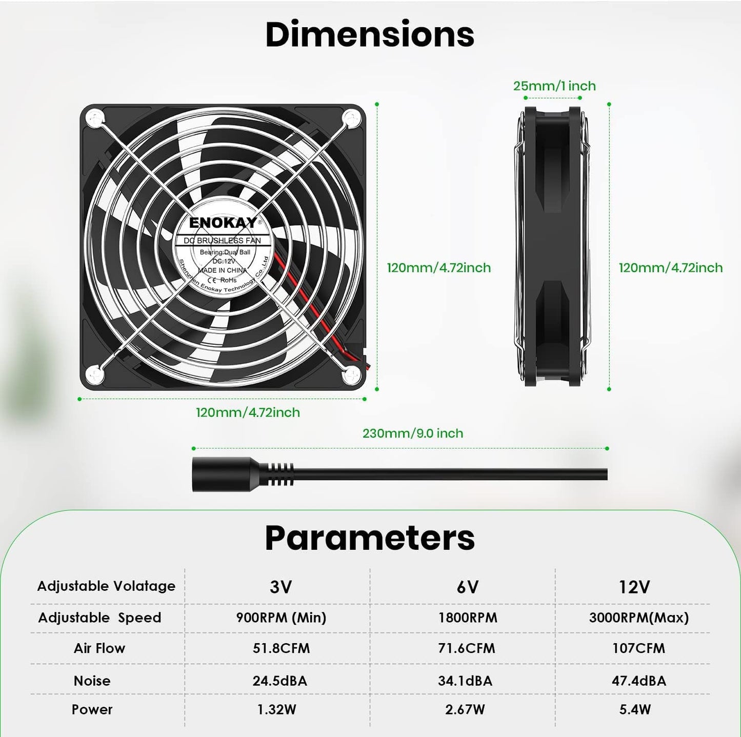 Enokay 120mm DC 12V Powered Fan with AC 100V 240V Adjustable Speed Controller 3000RPM High Speed Big Air Flow for DIY Cooling Ventilation Air Exchange