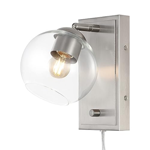 JONATHAN Y 6" Nickel 1-Light with Clear Globe Modern Wall Sconce, Plug-in or Hardwired LED Adjustable Wall Light with Dimmer Switch, Clear Glass Globe