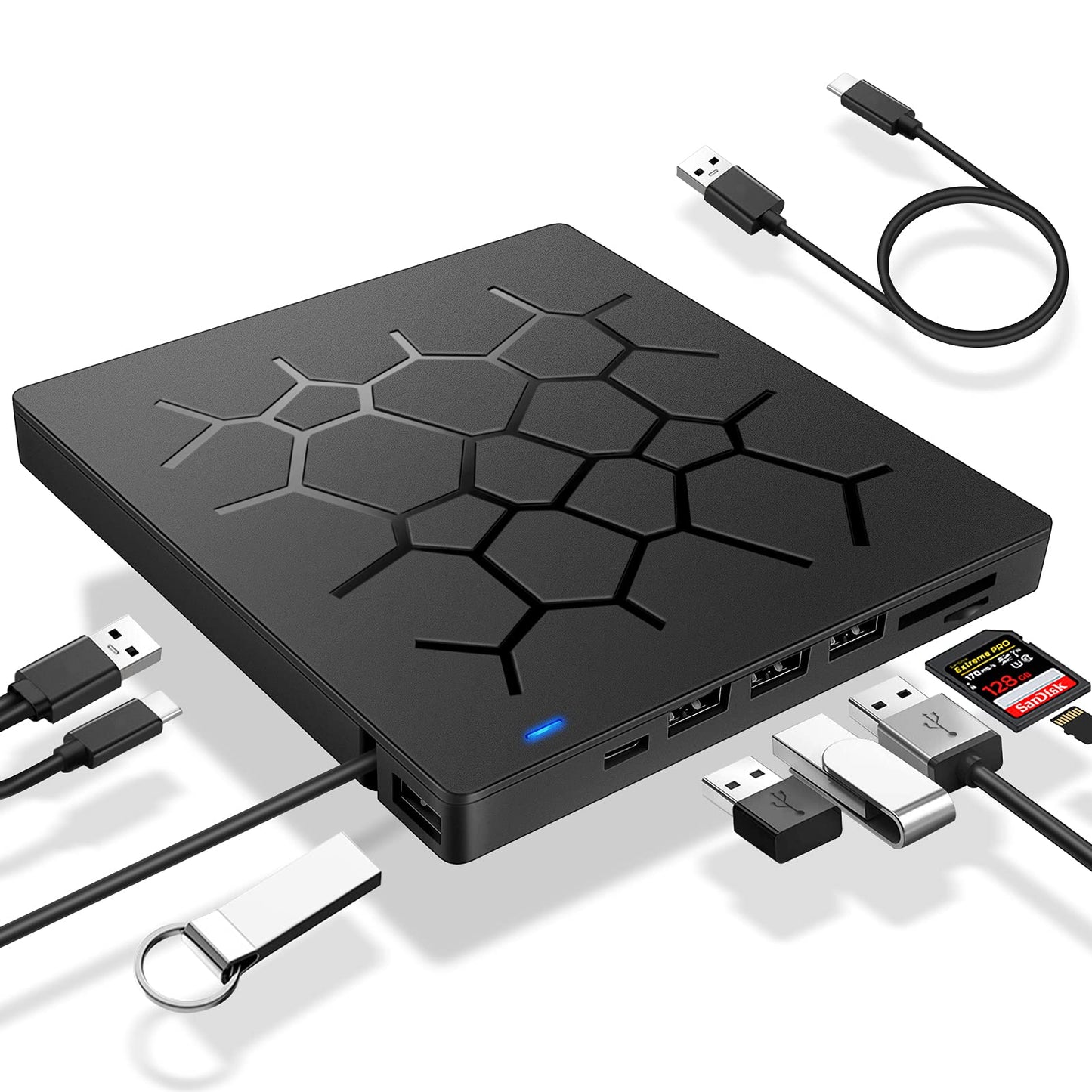 UHNDY External DVD Drive, USB 3.0 CD DVD Burner for Laptop, Type-C CD/DVD ROM +/-RW Optical Disk Drive with 4 USB Ports and 2 SD Card Slots, Ultra