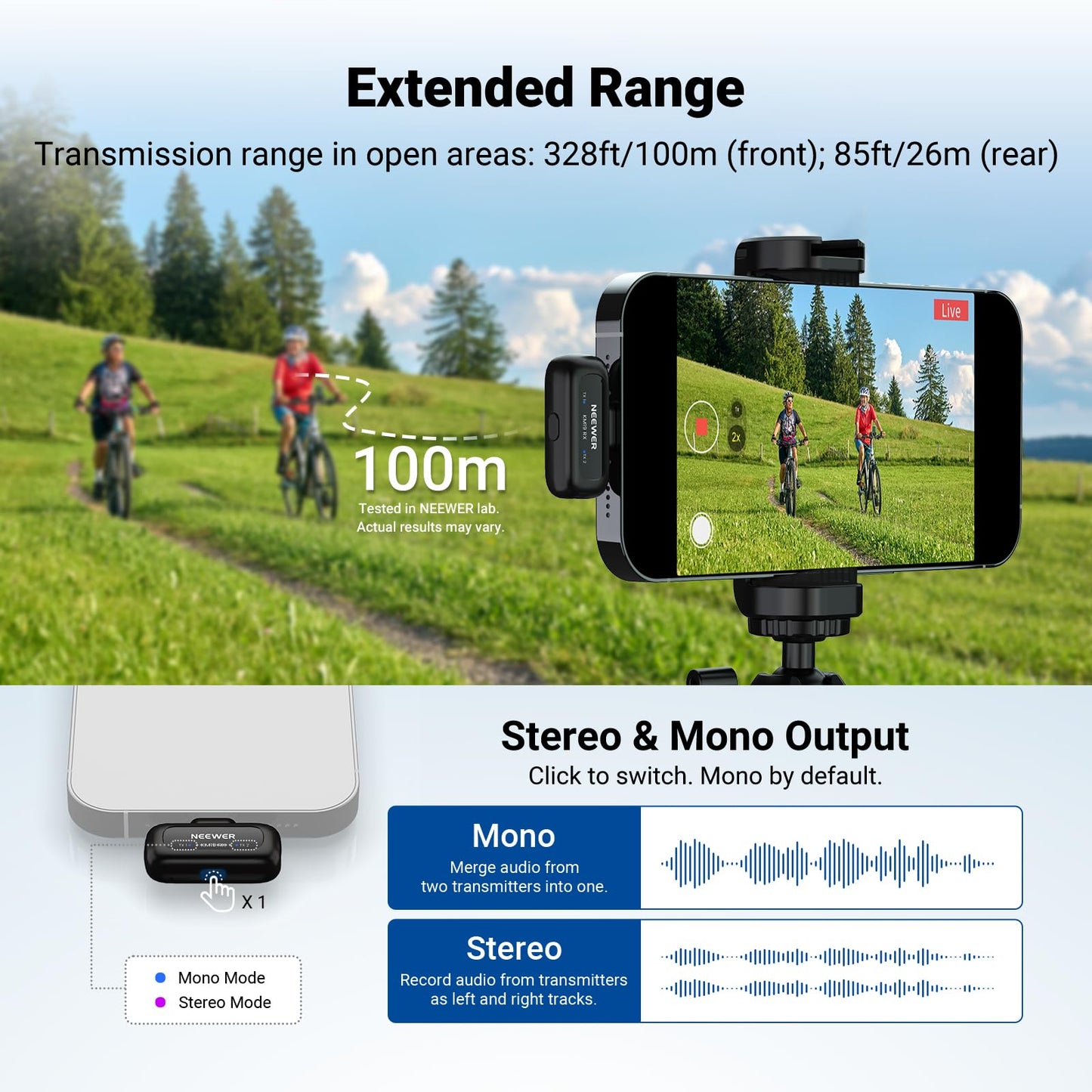 NEEWER KM19 Lightweight Wireless Lapel Microphone, 48kHz/24bit 30H Battery 3-Level Noise Cancelling Mute Stereo 100m Range Mini Lav Mic with App