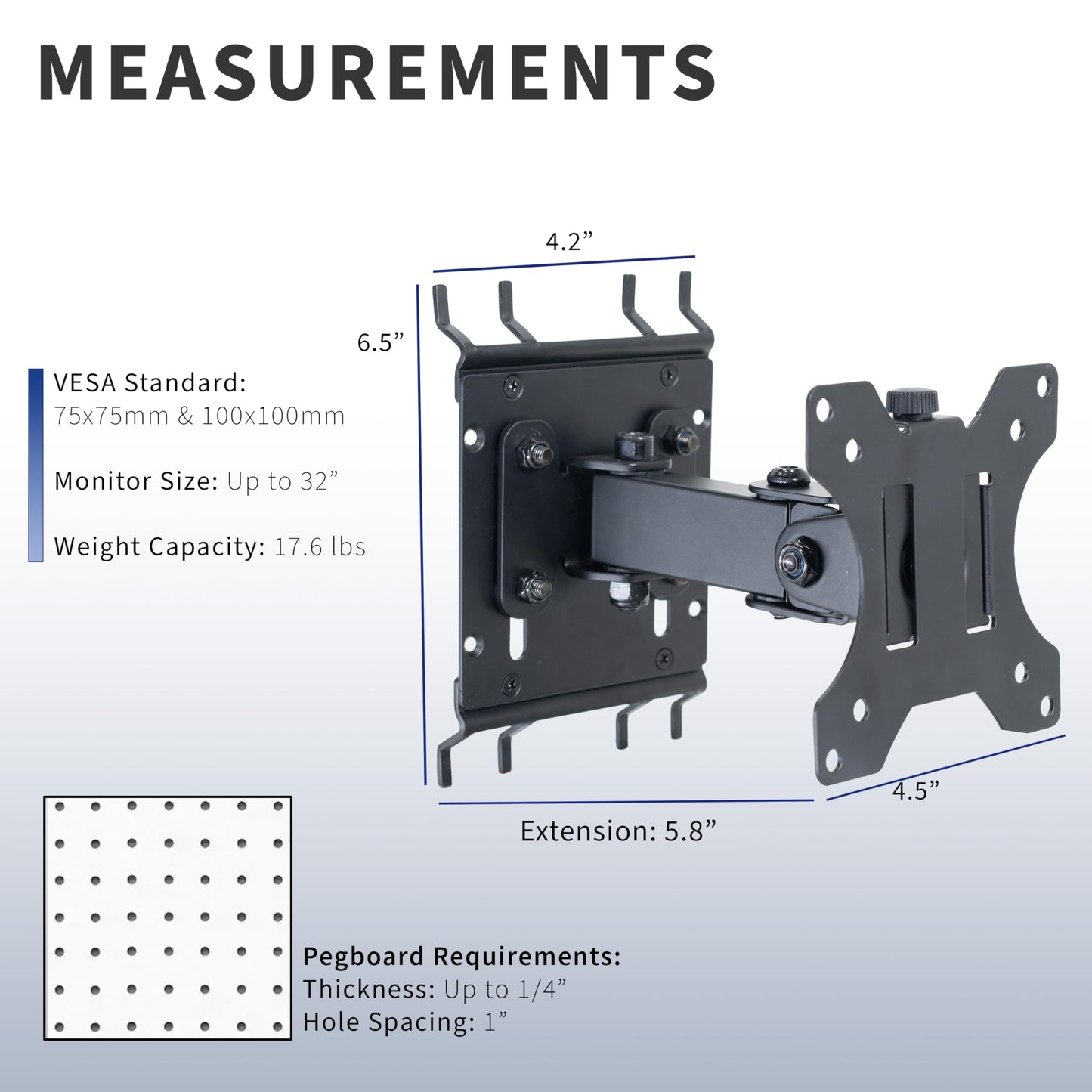 VIVO Articulating Single Monitor Pegboard Mount with Arm, Fits Screens up to 32 inches and Peg Boards up to 0.25 inches Thick with 1 inch Hole