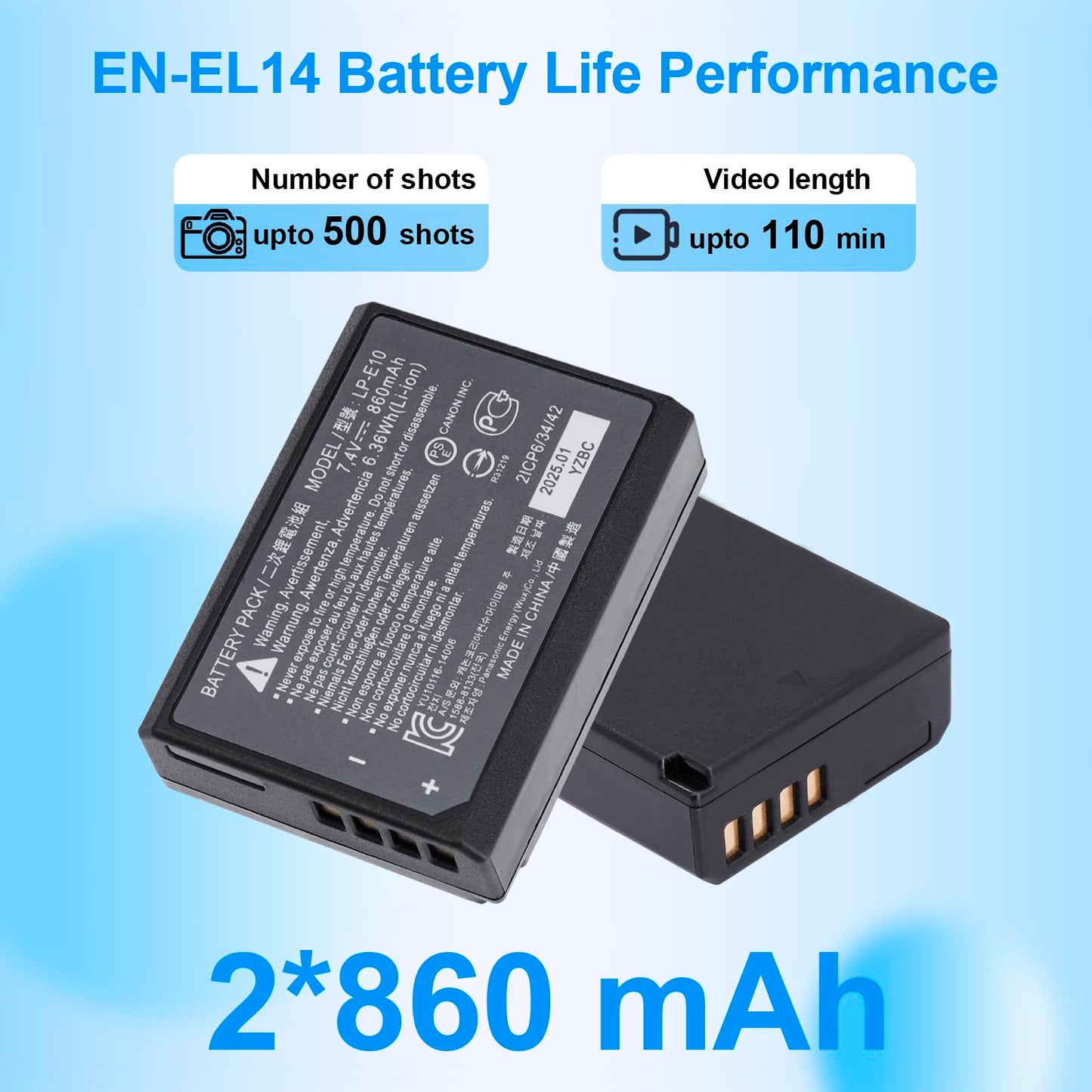 LP-E10 Battery 2 Pack 860mAh with Rapid Charger for Canon EOS Rebel T7 T6 T5 T3 T100 4000D 3000D 2000D 1500D 1300D 1200D 1100D DSLR Digital Camera