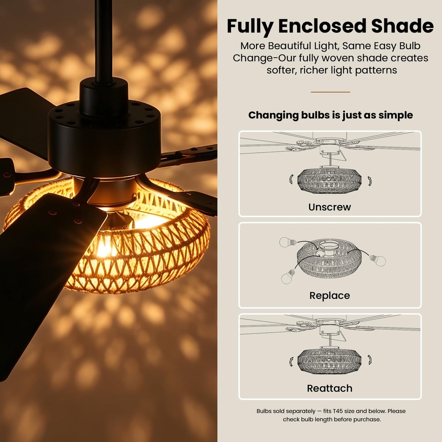 APBEAMLighting 52inch Ceiling Fan with Boho Rattan Caged Lampshade