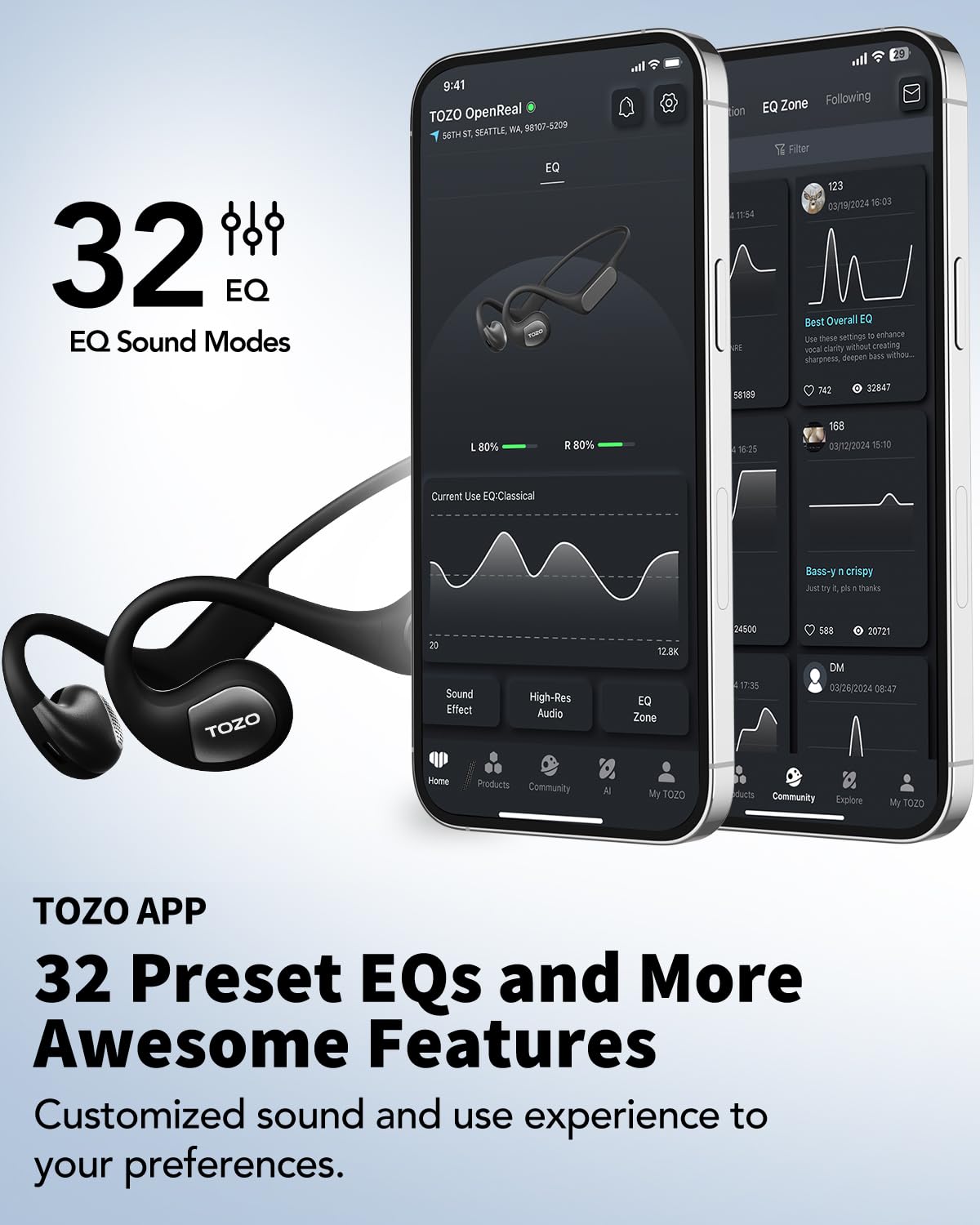 TOZO Upgraded Open Ear Headphones Bluetooth 5.3 Air Conduction Wireless Headphones Sport Earbuds with Premium Sound, 32 EQs via APP, Dual-Mic Call…