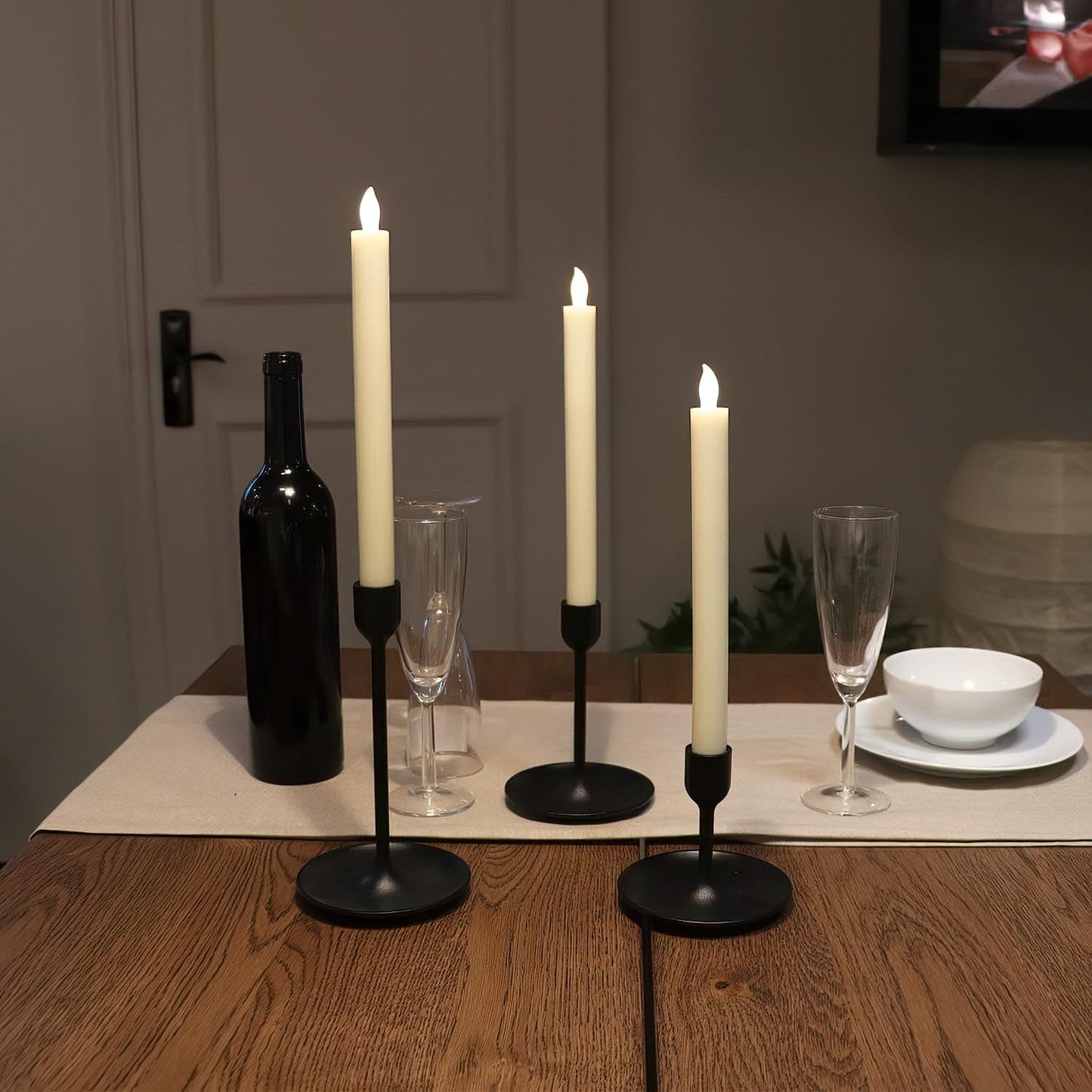 Rhytsing 10" Ivory Flameless Taper Candles with Timer, Battery Operated Dinner Candlesticks, Push-Activated, Textured Wax Finish, Warm White Light