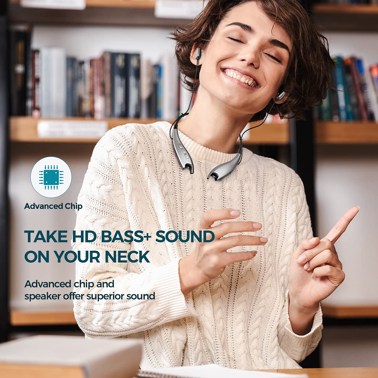 Neckband Headphones, Around The Neck Bluetooth Headphones w/Noise Cancelling Microphone, Bluetooth Headset w/ 22hrs Playtime, Neck Earphones Stereo