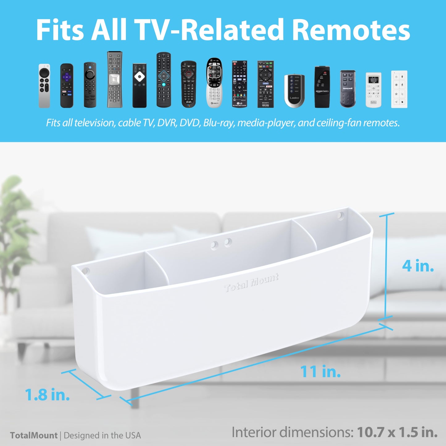TotalMount Hole-Free Remote Holder - Eliminates The Need to Drill Holes in Your Wall (Premium White Remote Control Holder for 5 or 6 Remotes)