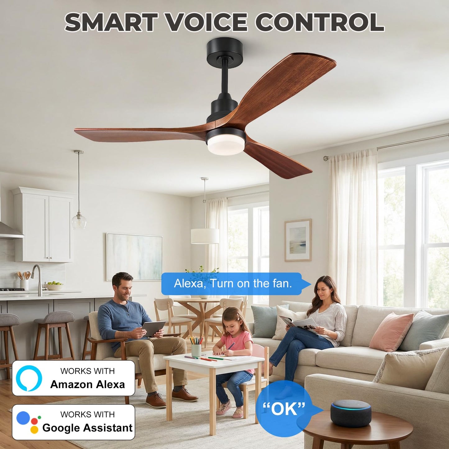 Ceiling Fans with Lights and Remote, 52 Inch Outdoor Ceiling Fan for Patios, 3 Wood Blades Smart Ceiling Fan with Lights,Works
