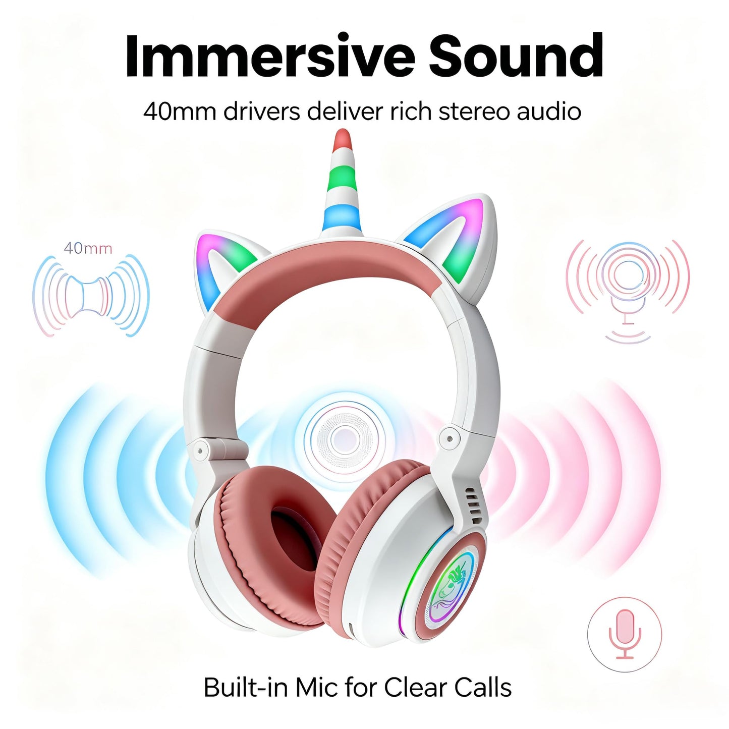 YUSONIC Upgrade Unicorn Headphones for Girls, Kids Bluetooth Wireless Headphones with 7 Colour Flash Light, 93dB Volume Limited, for Toddlers