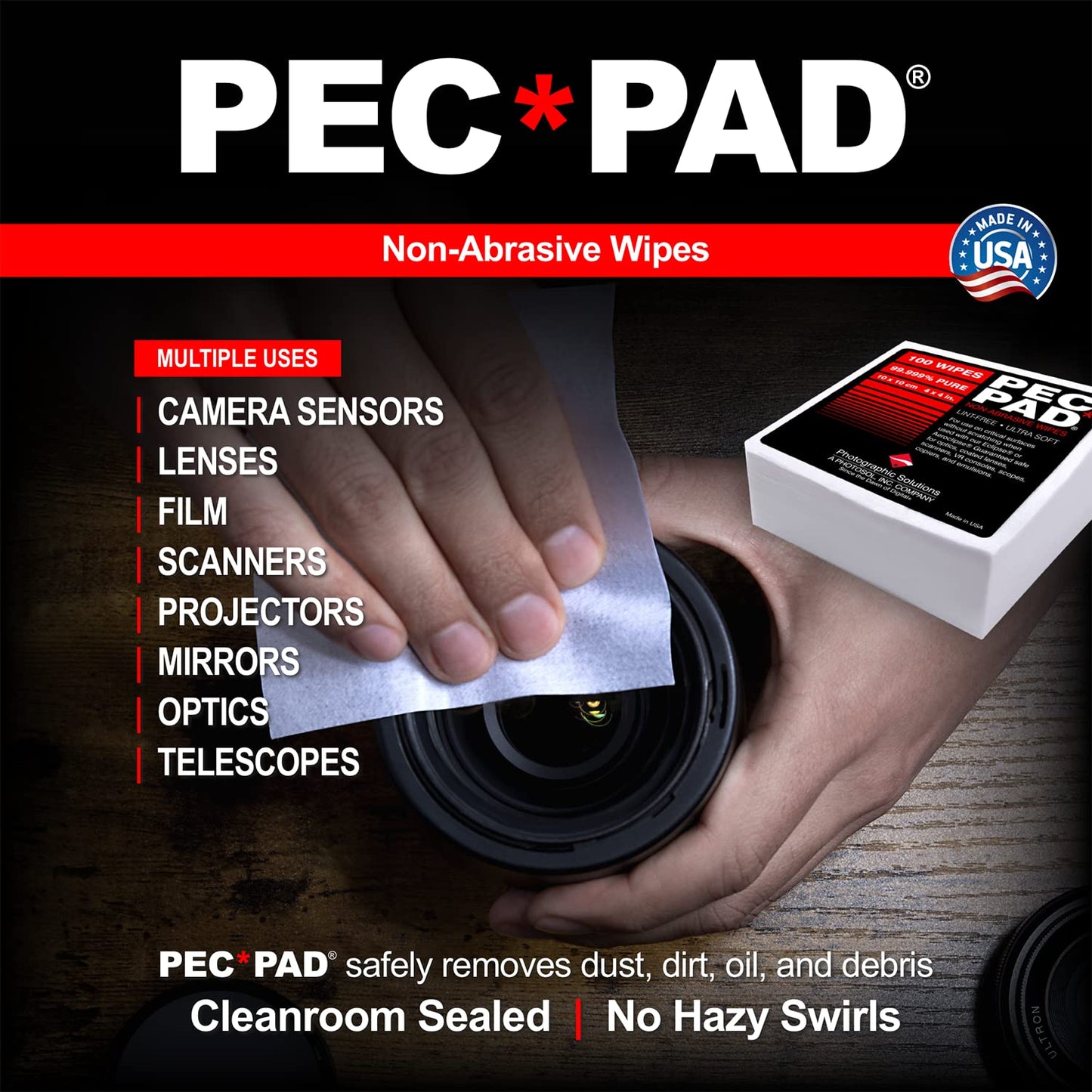 PEC-PAD Lint Free Wipes and Eclipse Optic Cleaning Solution - Non-Abrasive 4" x 4" Lens Wipes for Phone, Camera, Computer, and All Sensitive Glass