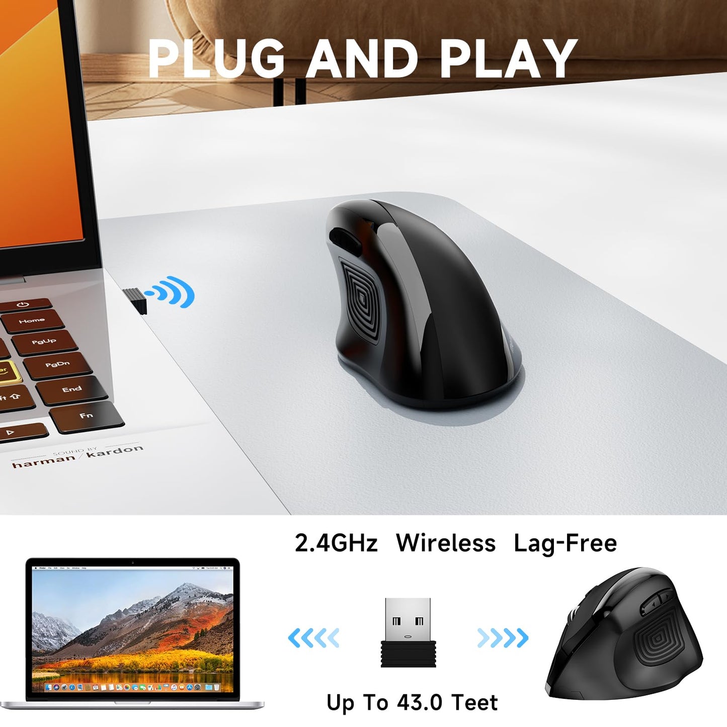 memzuoix Ergonomic Wireless Mouse, 2.4G Optical Cordless, 800/1200/1600 DPI, Vertical Computer Mouse for Laptop, Mac, PC, Desktop (Right Hand, Large)