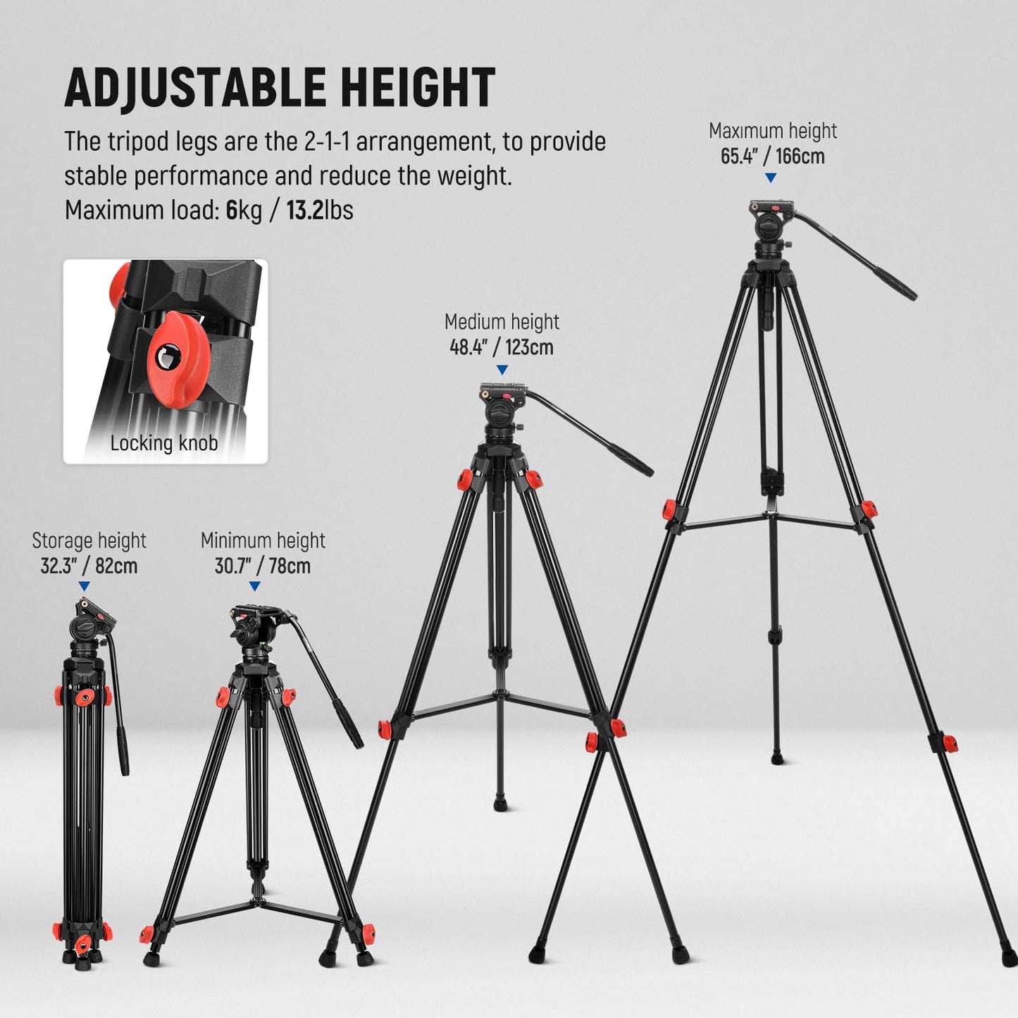 NEEWER Video Tripod with Fluid Head, Heavy Duty Aluminum Compact Portable Camera Tripod Stand for DSLR Camcorder Compatible with DJI Gimbals