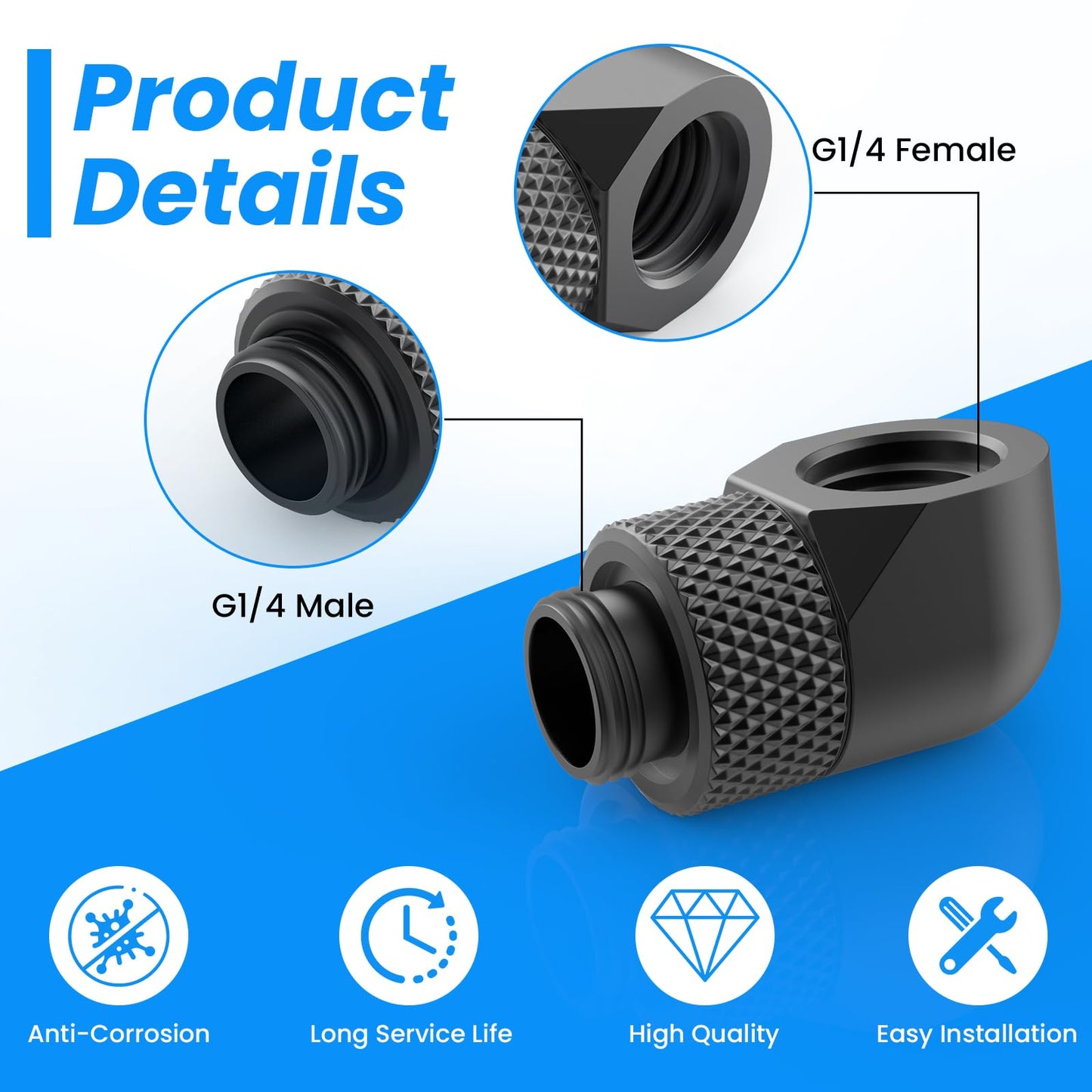 SDTC Tech 4-Pack G1/4" Male to Female Extender Connector 90° Rotary Elbow Enhance Multi-Link Adapter Fitting for PC Water Cooling System, Black