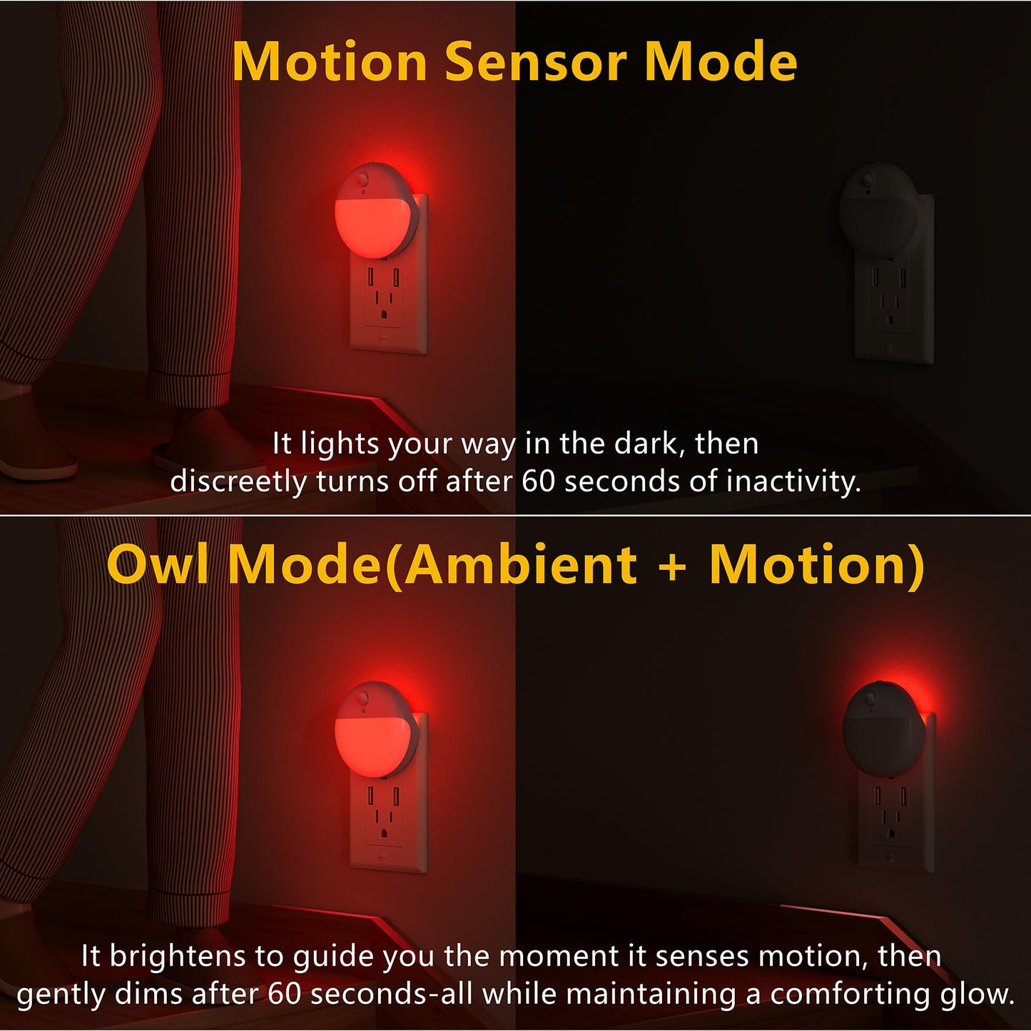 YUNLEX 2 Pack Plug in Red Sleep Night Light with Motion Sensor and Dusk to Dawn Sensor, 3 Modes, Soft Glow, 0% Blue Light True Red, Dimmable, LED