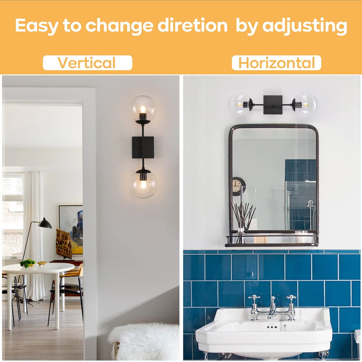 Ynzefly Wall Sconces Black, 2-Lights Mid Century Modern Bathroom Vanity Lights with Clear Glass Globe Shades Industrial Wall Light Fixtures