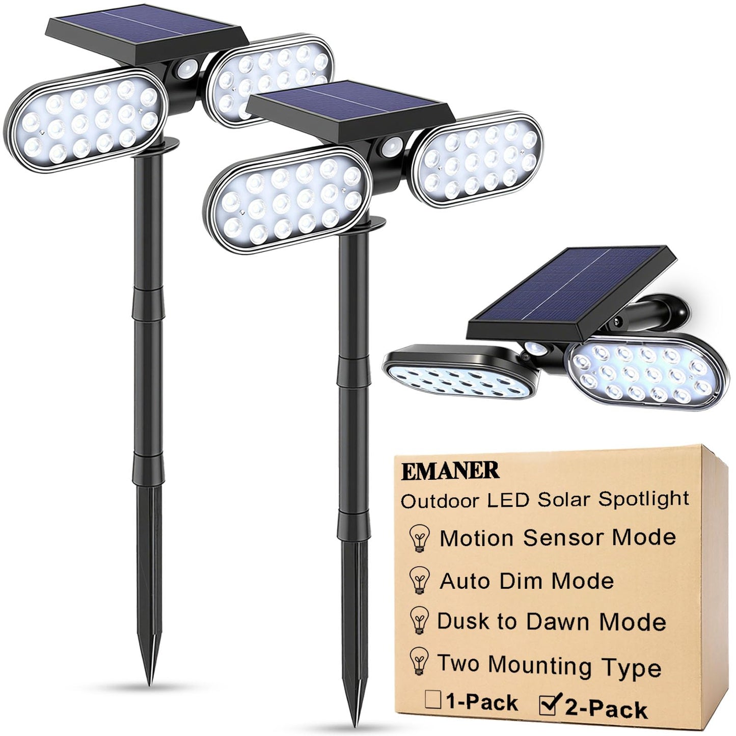 EMANER Motion Solar Lights Outdoor, Solar Floodlight, Stay On or Motion Sensor Mode, Dusk to Dawn Security Light, Landscape Spotlights for Garage