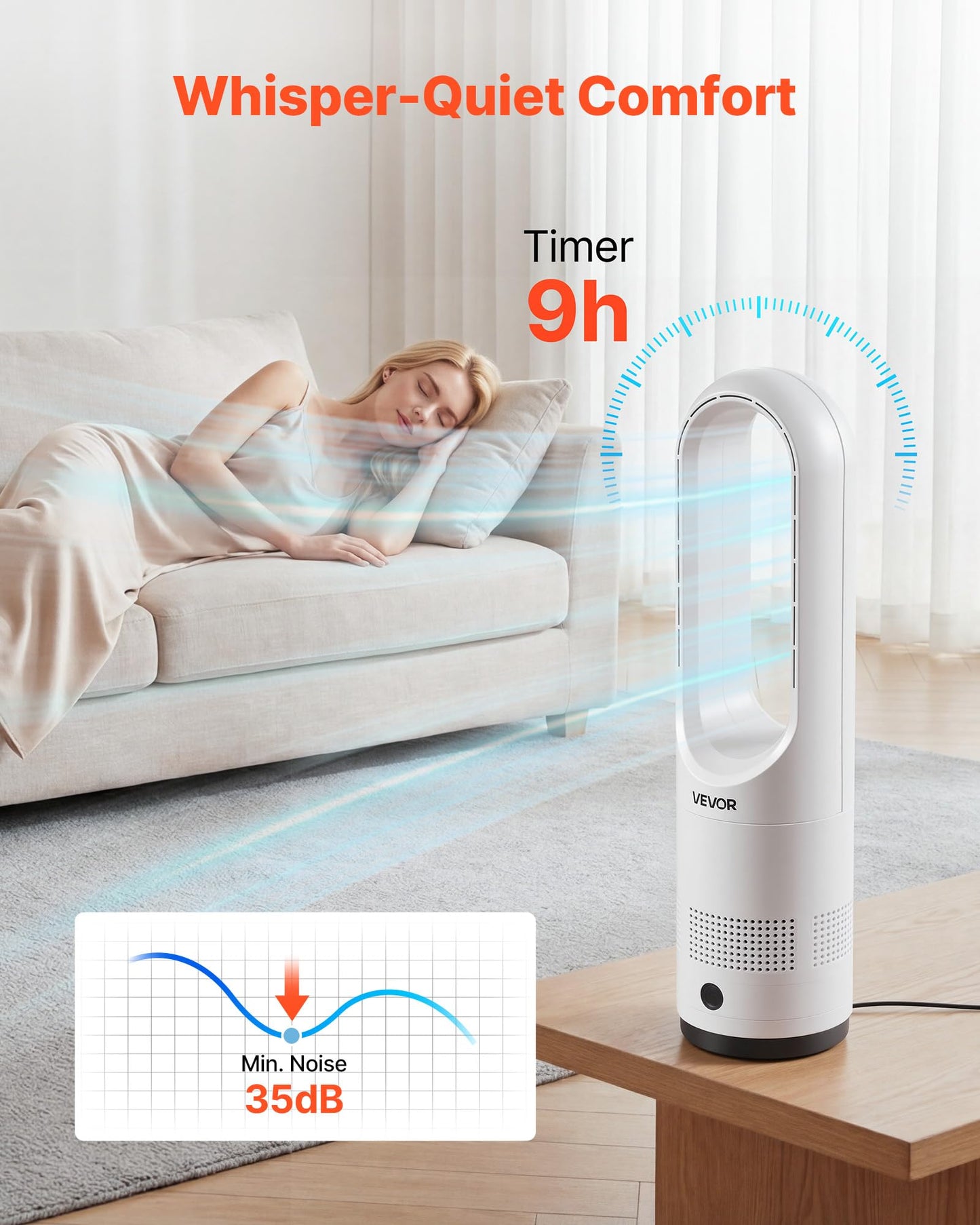 VEVOR Bladeless Tower Fan, 80° Oscillating Standing Fan, 8 Speeds & 9-Hour Timer, 15.42 ft High Velocity Floor Air Circulator, Powerful Airflow