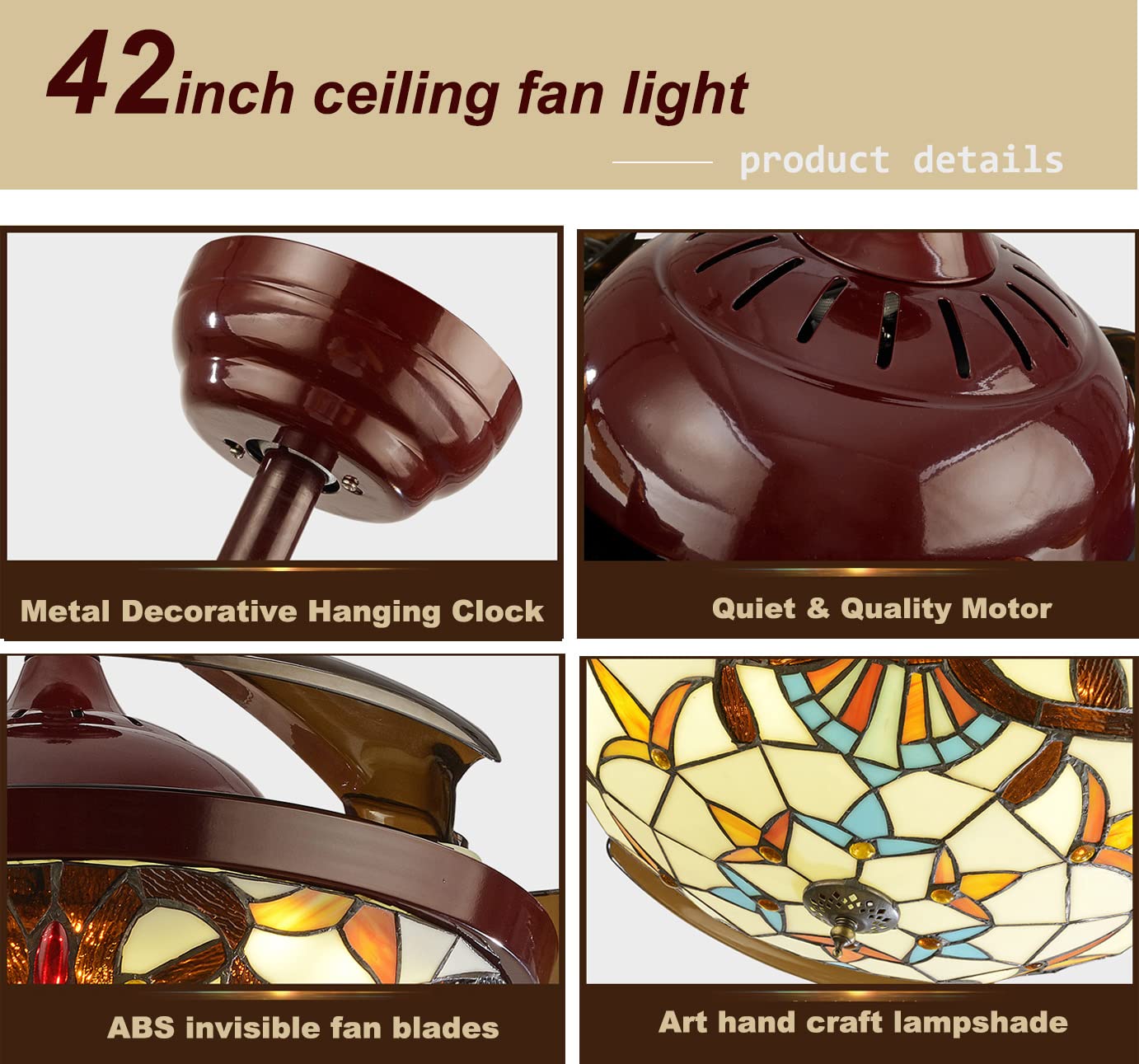 SWLKJ 42 '' Tiffany Ceiling Fan with Light and Remote Control, Retractable Blades Chandeliers Fan Lights Indoor 3 Colors 3 Speed Retro Ceiling Fan