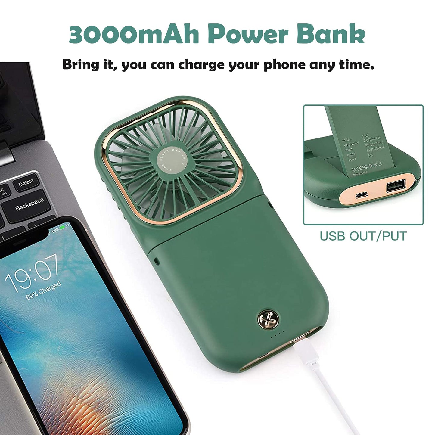 AMENKER Handheld Fan,Portable Mini Fan with Power Bank, 3000mAh USB Rechargeable,Quiet Desk Fan with Cell Phone Stand,Foldable 3 Speeds/Strong Airflow