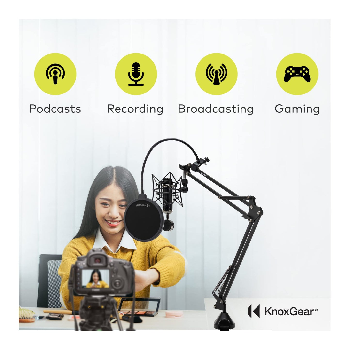 Knox Gear Boom Arm Microphone Stand for Podcasts, Studio Recording, Radio Broadcast, and Gaming, Microphone Desk Stand with 360-degree Rotation, Black