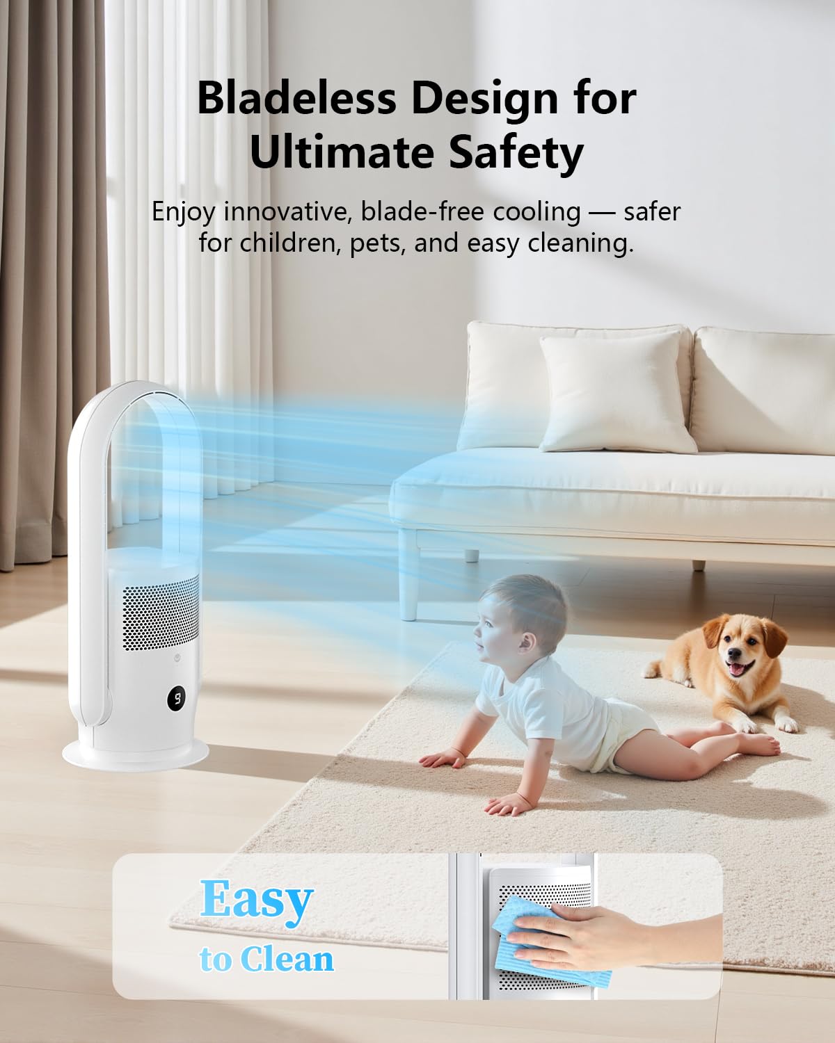 ULTTY Bladeless Tower Fan and Air Purifier Combo, Quiet Oscillating Fan with Remote & Touch Control, 9 Speeds, 8H Timer, HEPA Air Filter, Safe Floor