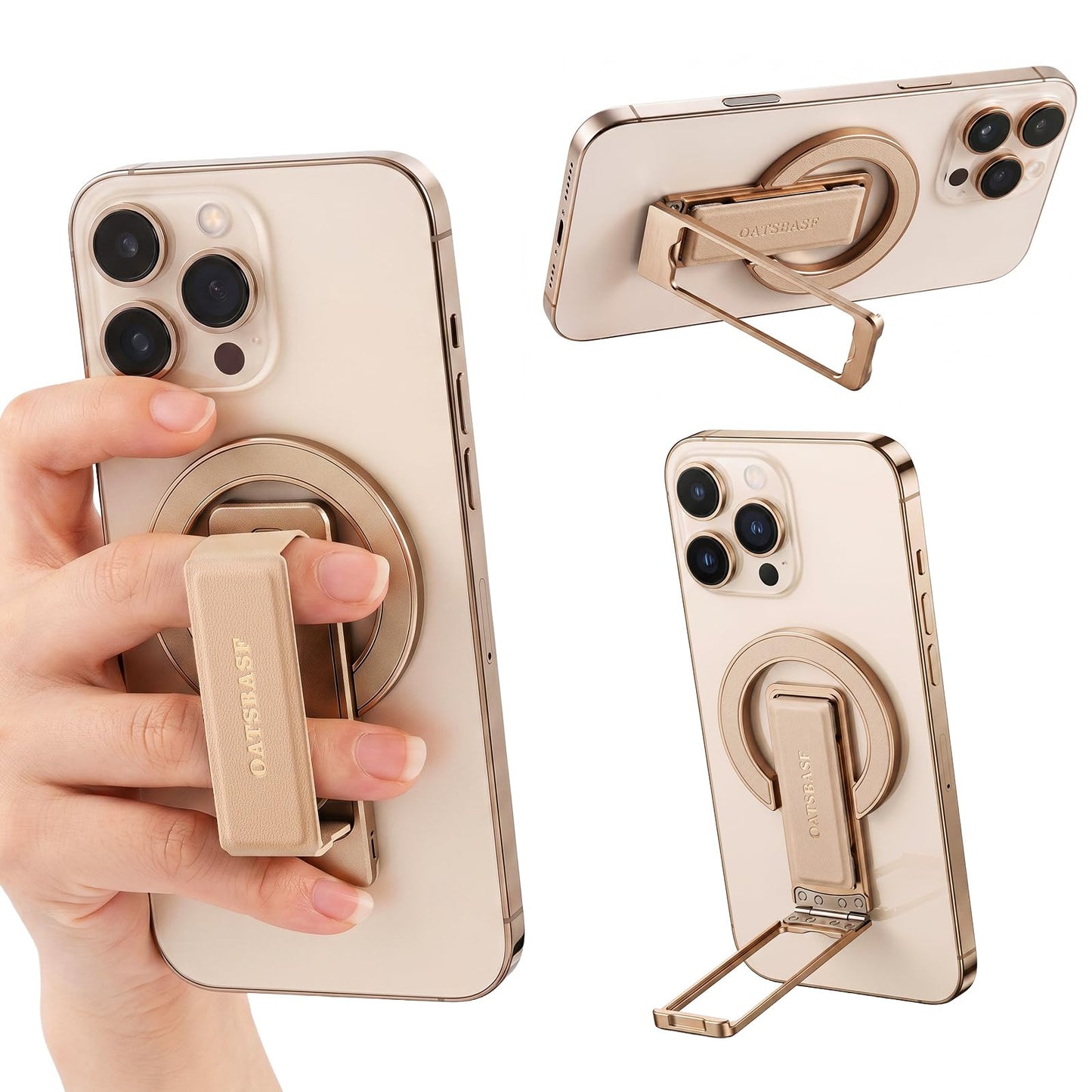 nediea Magnetic Phone Ring Holder, PU Leather Strap for Pain-Free Grip, MagSafe Phone Grip & Stand with Kickstand, 0-180° Adjustable, Auto Snap-Back