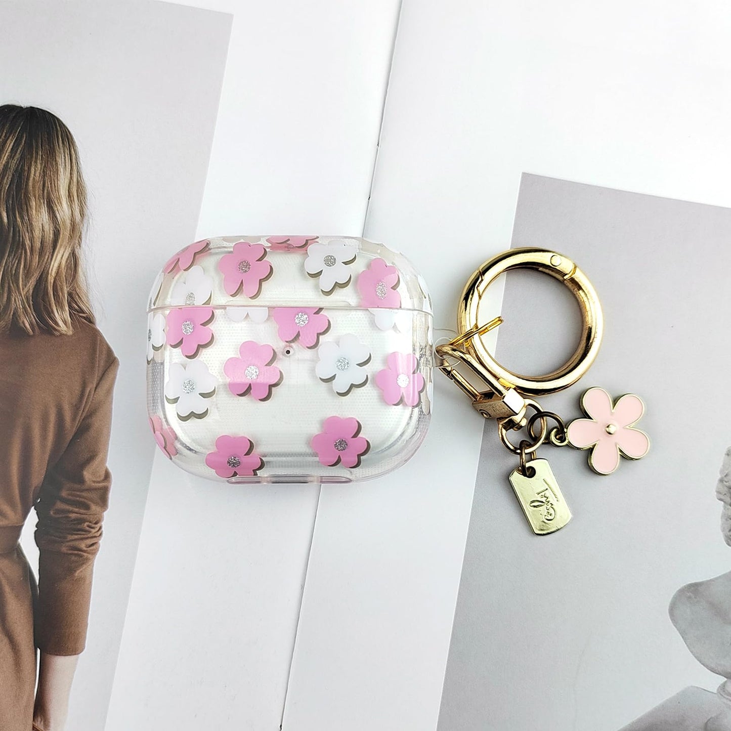 AIIEKZ Compatible with AirPods 3 Case Cover 2021, Soft TPU with Cute Flower Pattern for AirPods 3rd Generation Case with Flower Keychain and Carabiner