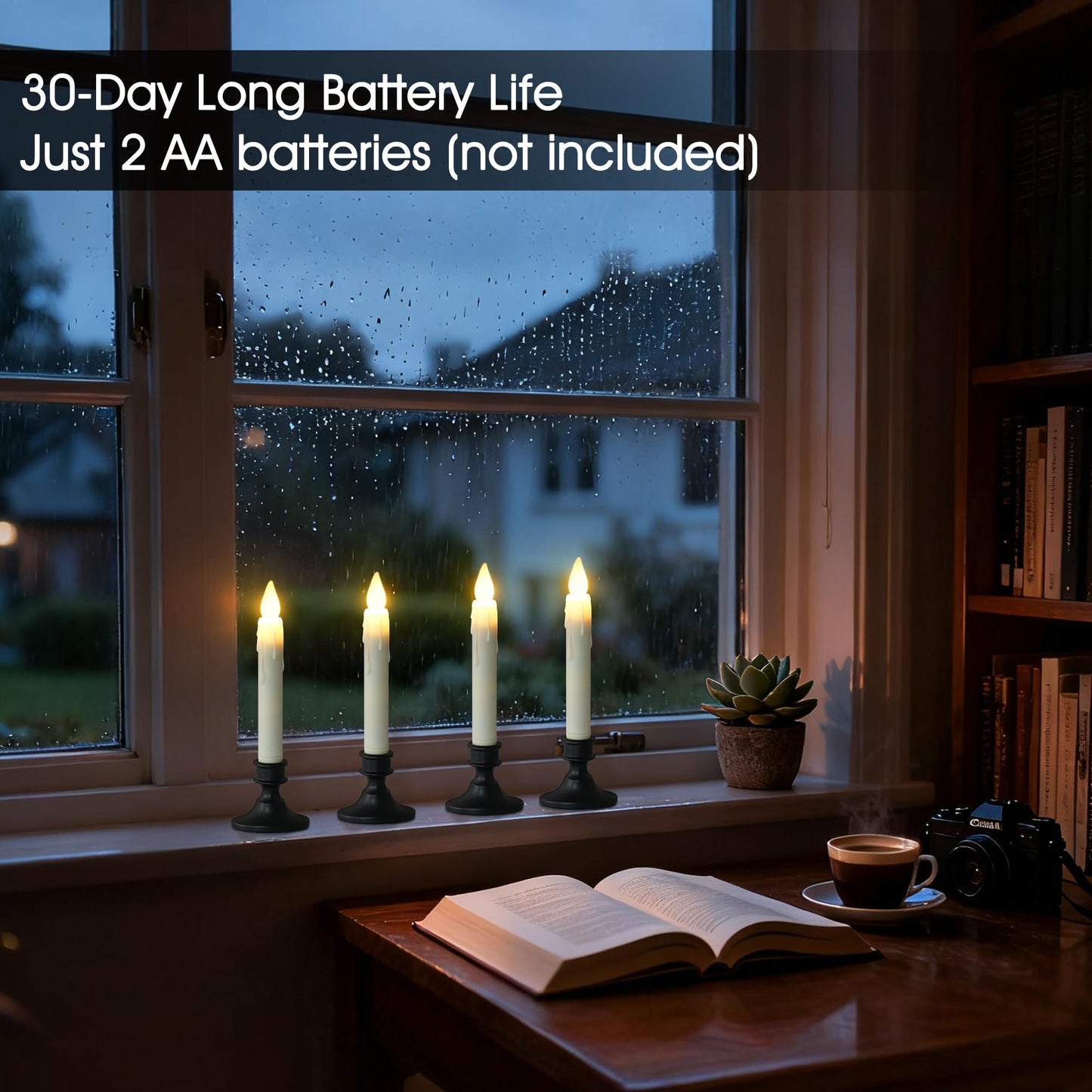 FREEPOWER Battery Operated LED Window Candles with Dusk to Dawn Sensor, Ivory Flameless Flickering Candlesticks with Suction Cups & Removable Black