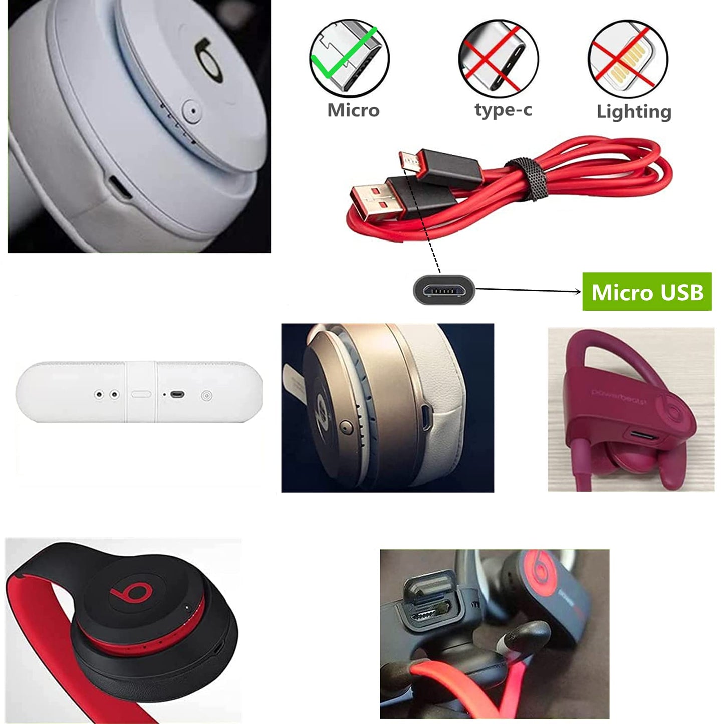 Saipomor USB Charger Cable Replacement Power Supply Cord Micro USB Wire fit Beat by Dr Dre Powerbeats2 Powerbeats 3 Solo3 Solo2 Studio2 Studio3