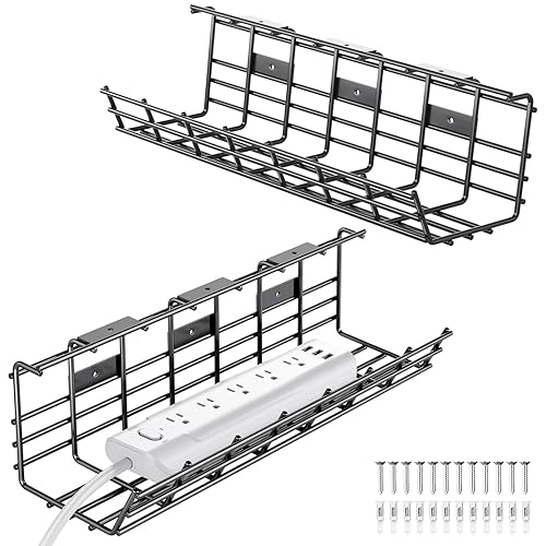 2 Pack DELAMU Under Desk Cable Management Tray, Large Metal Cord Organizer, Office & Home Cord Wire Management Under Desk Shelf, Easy Install