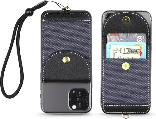 Cell Phone Wallet for Back of Phone with Wrist Strap, Stick On Wallet Credit Card ID Holder with RFID Protection Compatible with iPhone, Galaxy & Most