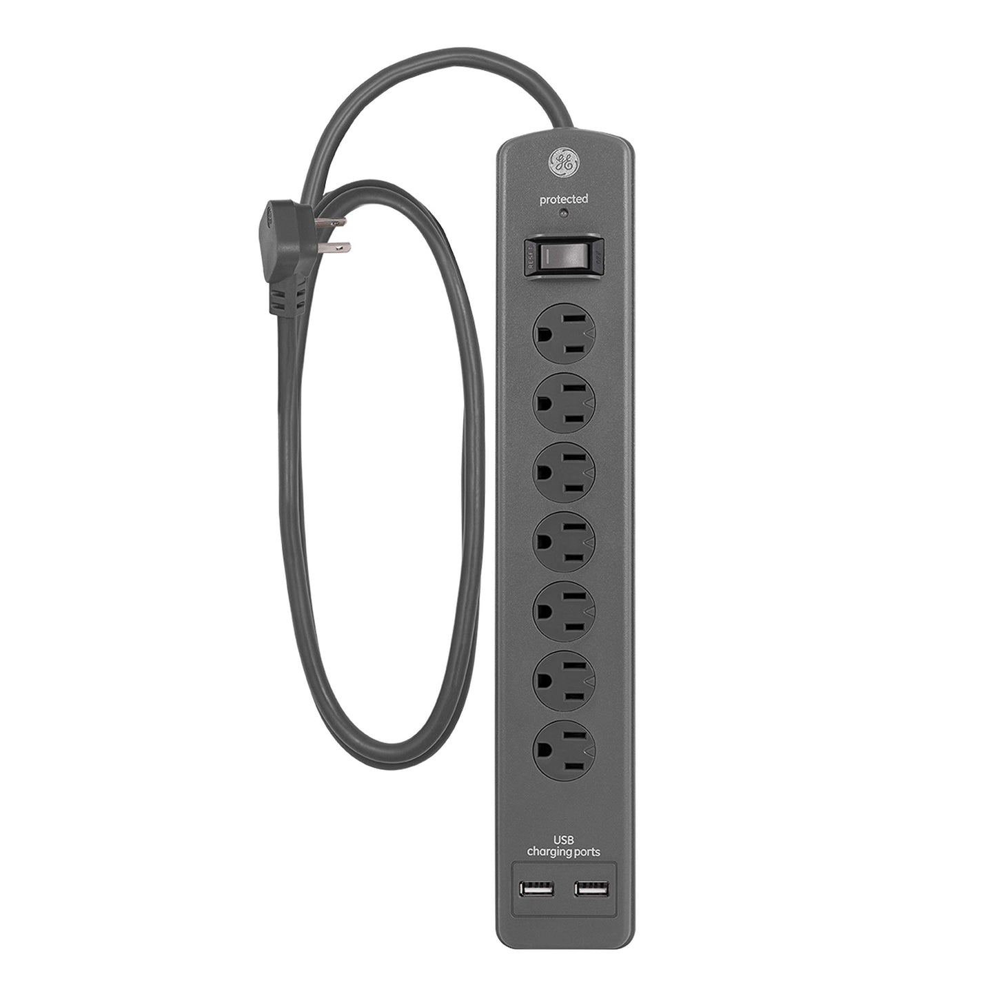 GE Home Electrical GE UltraPro Surge Protector, 7 Outlet Power Strip, 2 USB Charging Ports, 4 Ft Extension Cord, 3 Prong, Grounded, Flat Plug, 1500